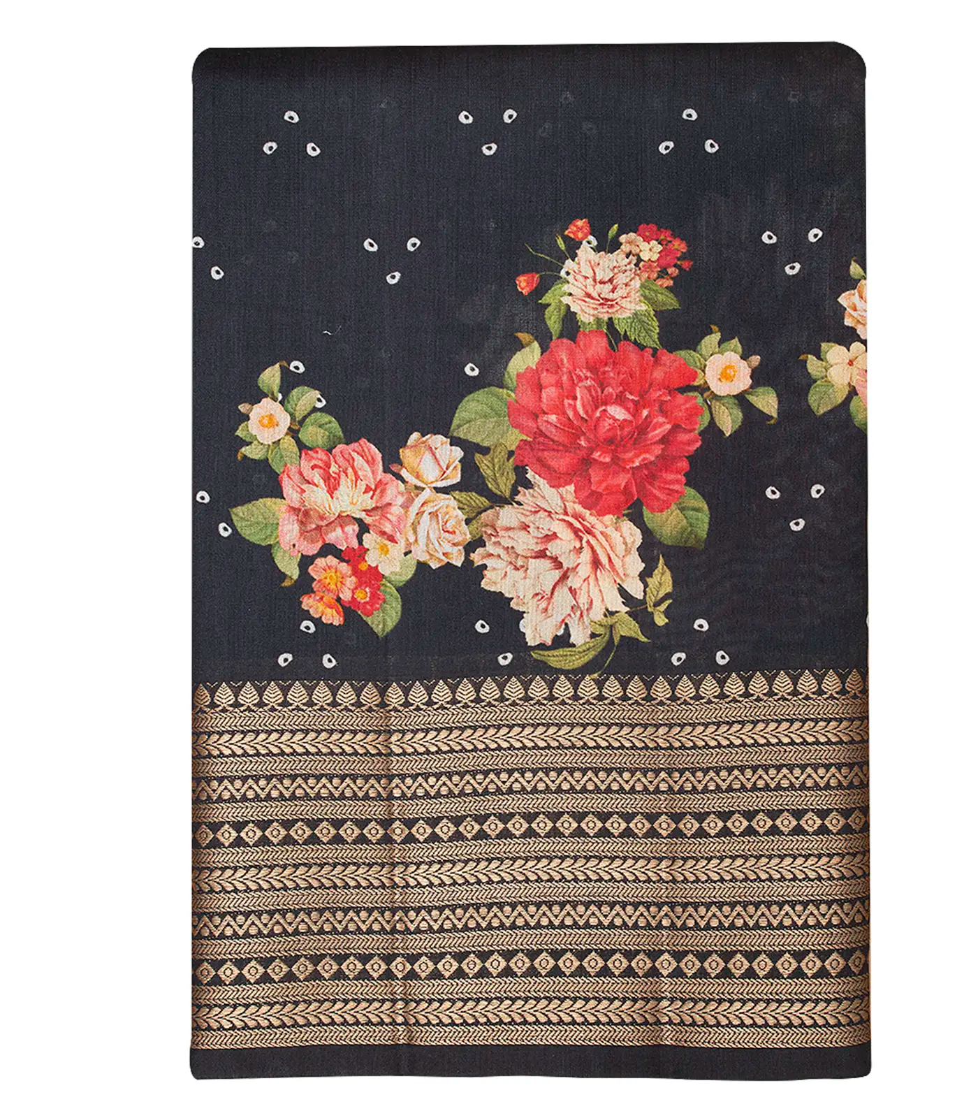 RmKV Black Woven Chiniya Silk Saree With Floral Print & Traditional Motifs in Border