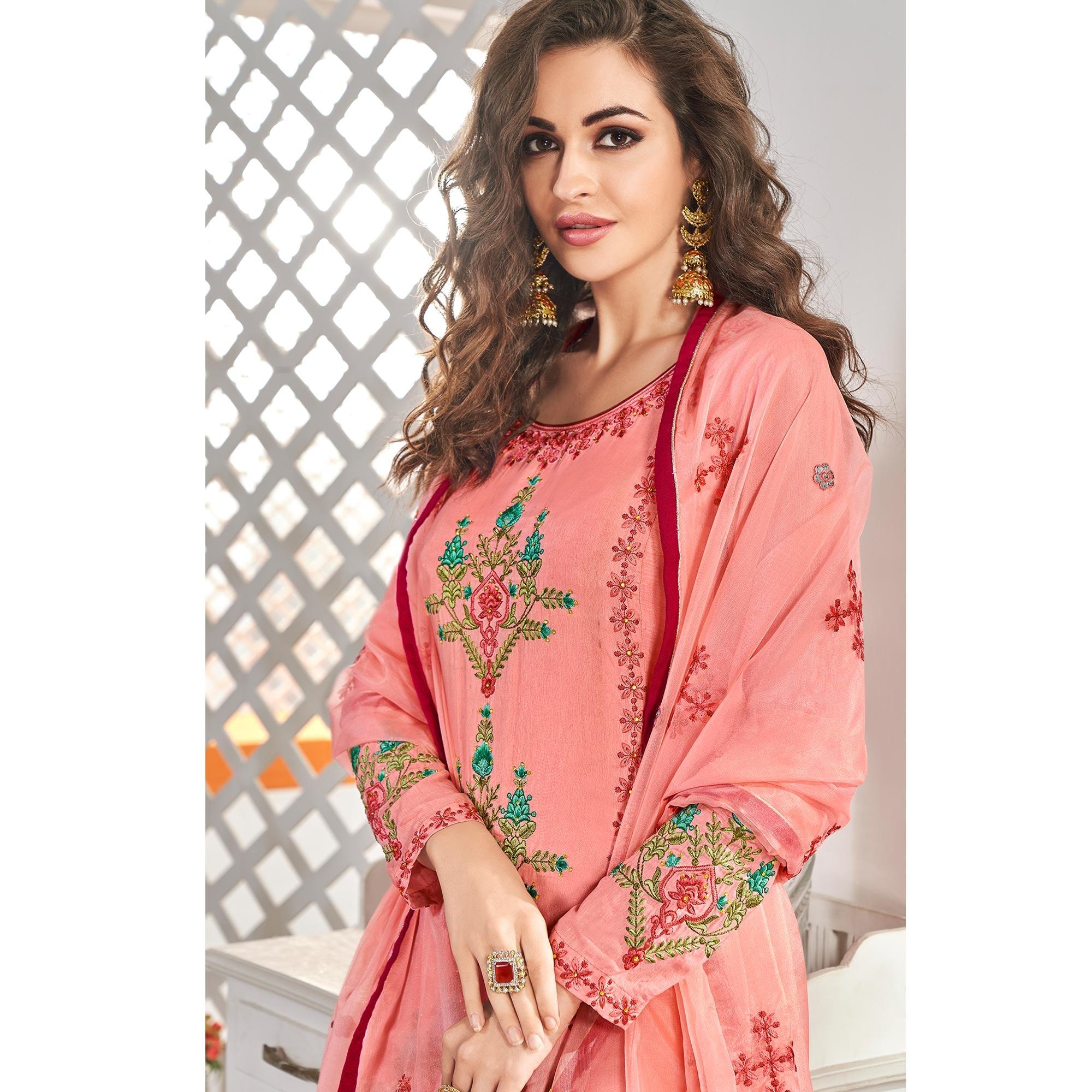 Peachmode Hypnotic Pink Colored Partywear Floral Embroidered Cotton Kurti-Palazzo Set With Dupatta - view 2