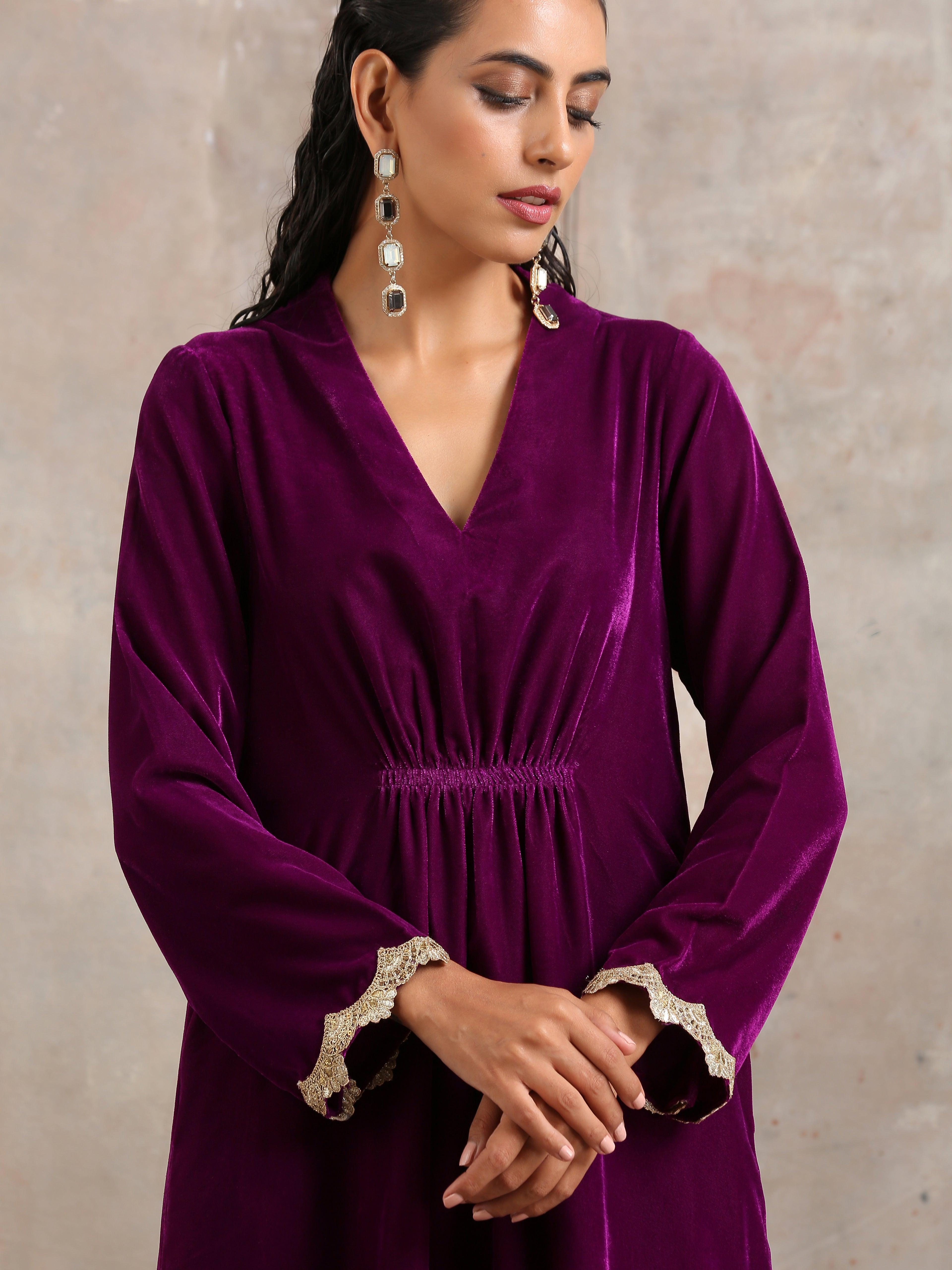 Wine Velvet Lace Kurta Pant Set | Relove - view 6