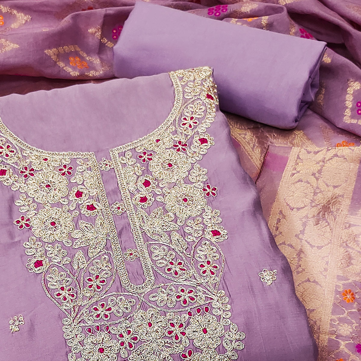 Peachmode Light Purple Floral Sequins Embroidered Roman Cotton Silk Dress Material - view 2