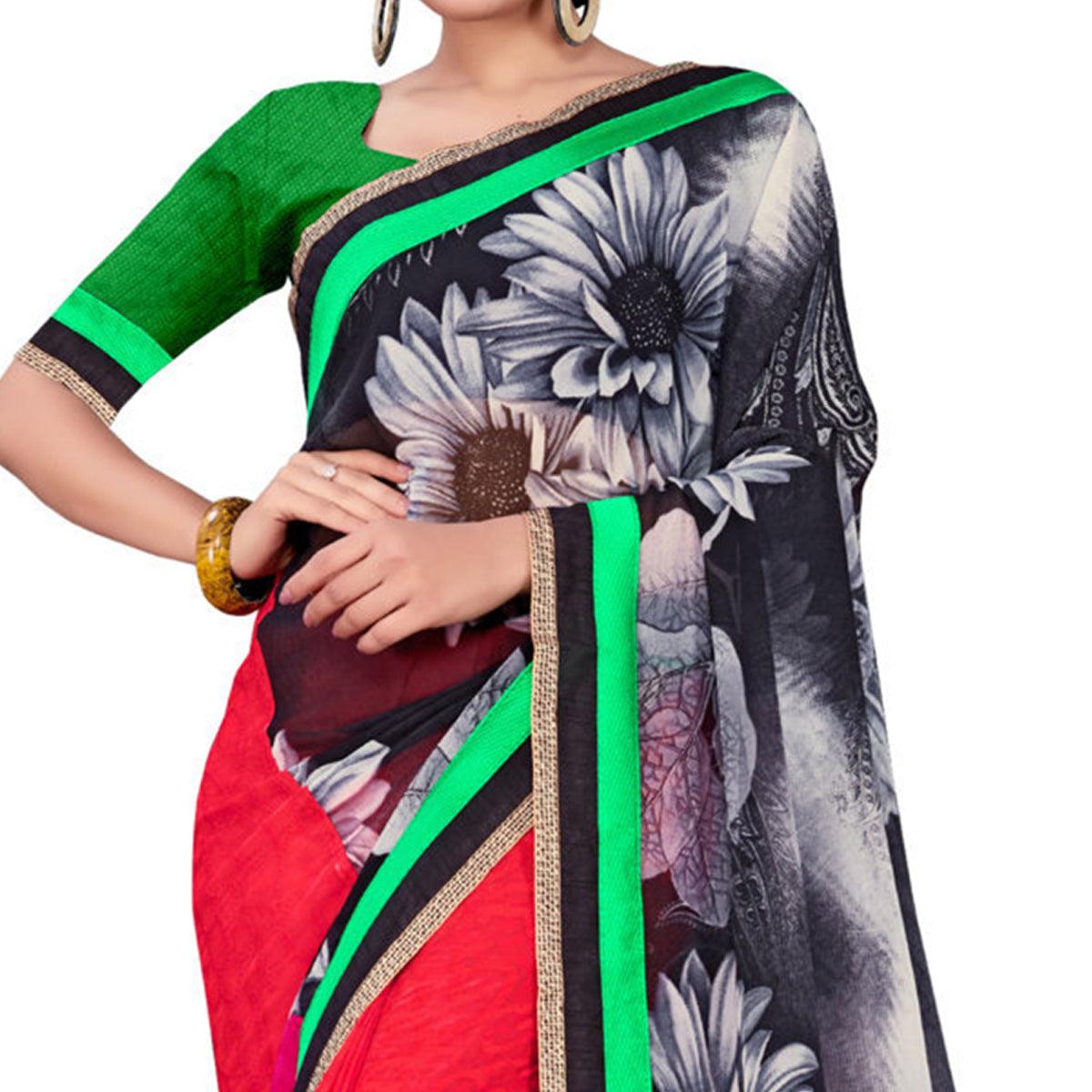 Peachmode Hypnotic Black-Pink Colored Party Wear Floral Printed Georgette half-half Saree - view 2