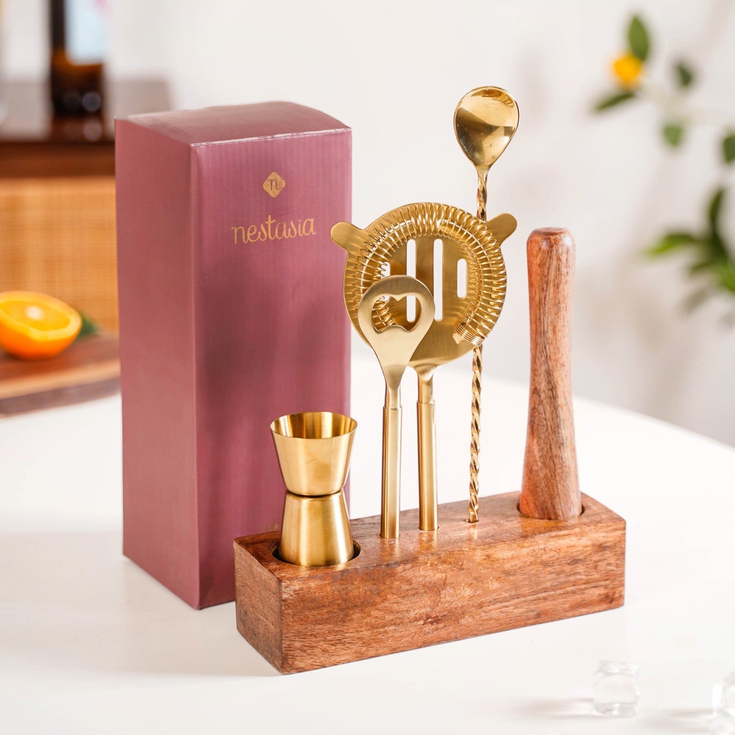Nestasia Premium Bar Tool Set Of 5 With Wooden Base Stand