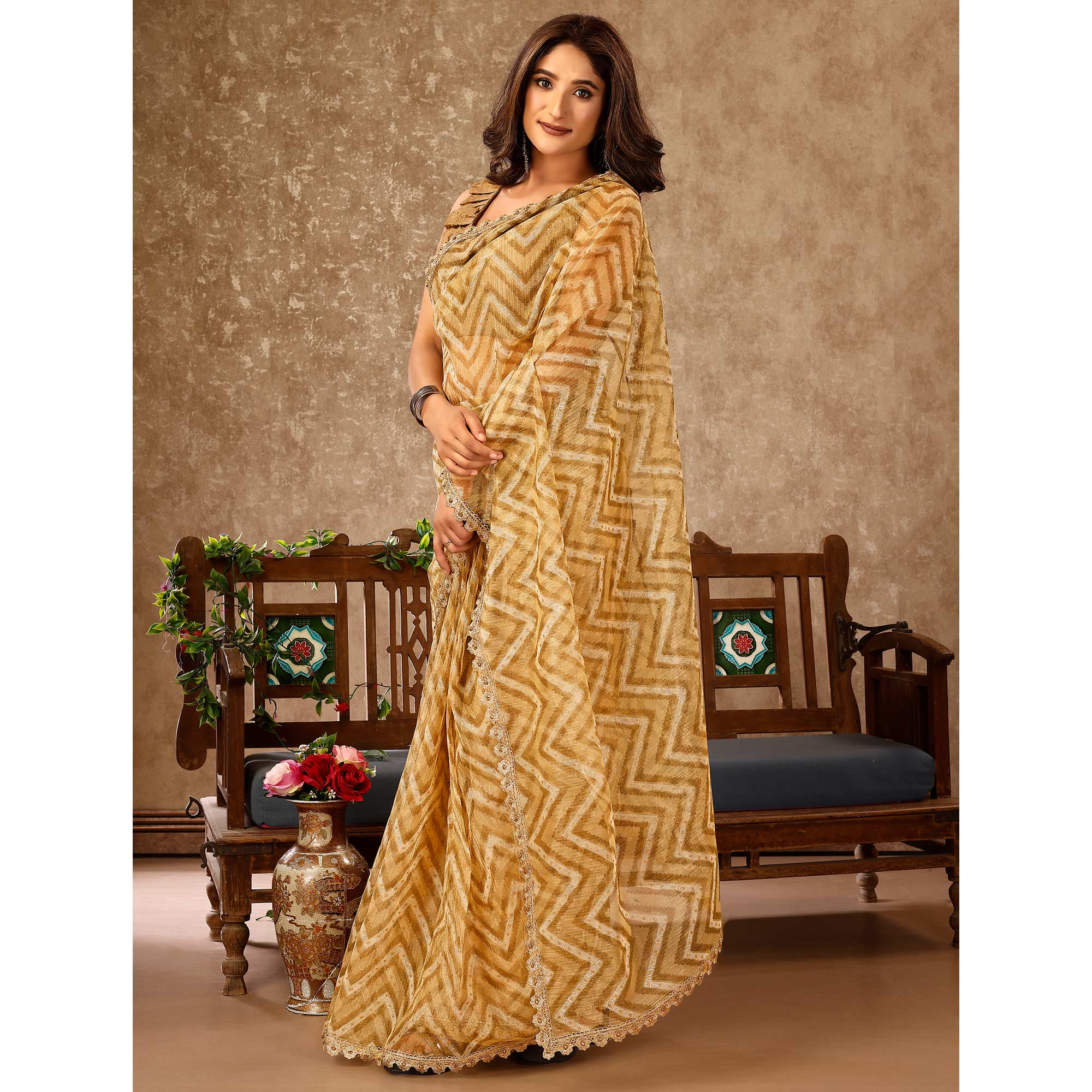 Peachmode Seller Chikoo Zig Zag Printed With Stone Work Organza Ready To Wear Saree - view 4