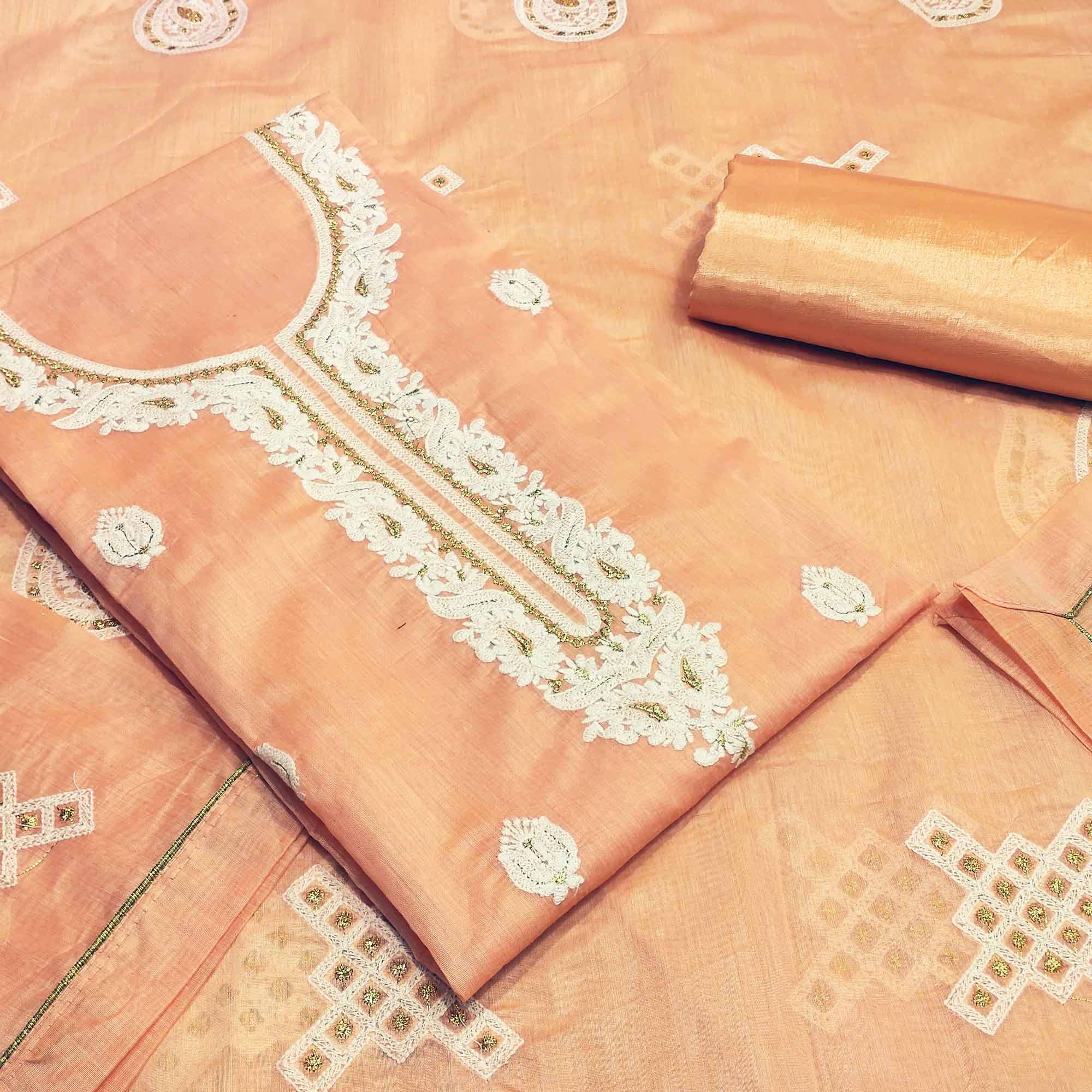 Peachmode Impressive Peach Colored Partywear Embroidered Modal Silk Dress Material