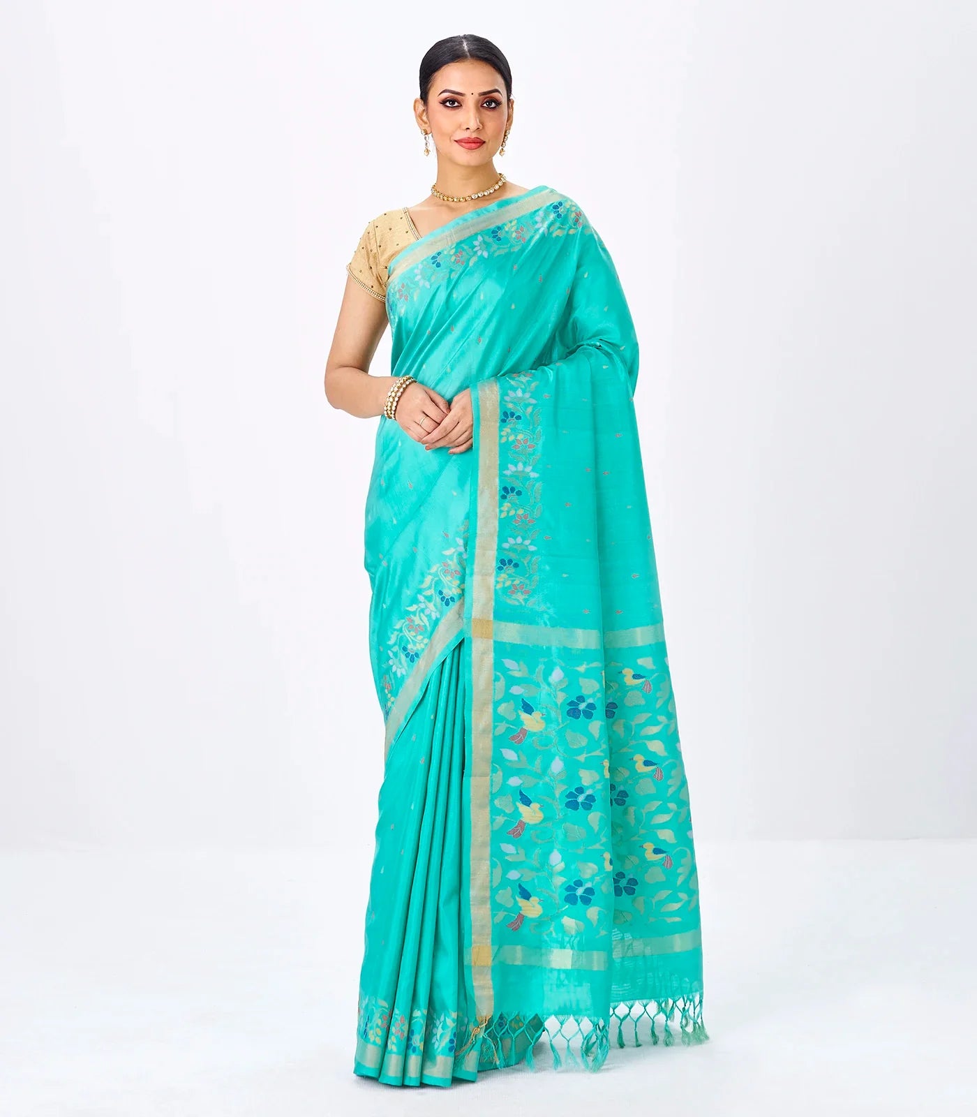 RmKV Turquoise Handloom Uppada Silk Saree With Meena Floral Motifs in Border