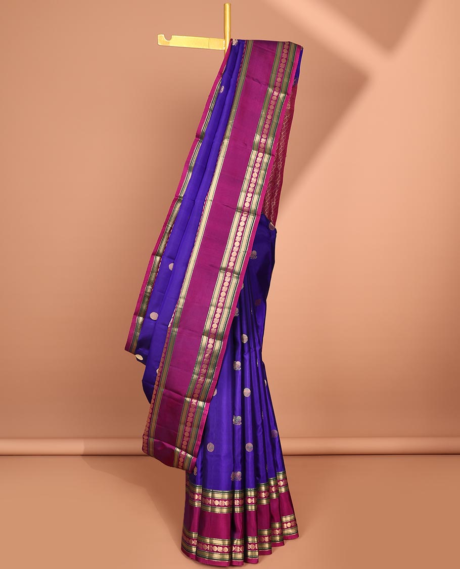 Pothys Blue zari buttas silk saree, contrast jaal pallu & rettai pettu border of rekku,Muthu,banaras & mayil poun