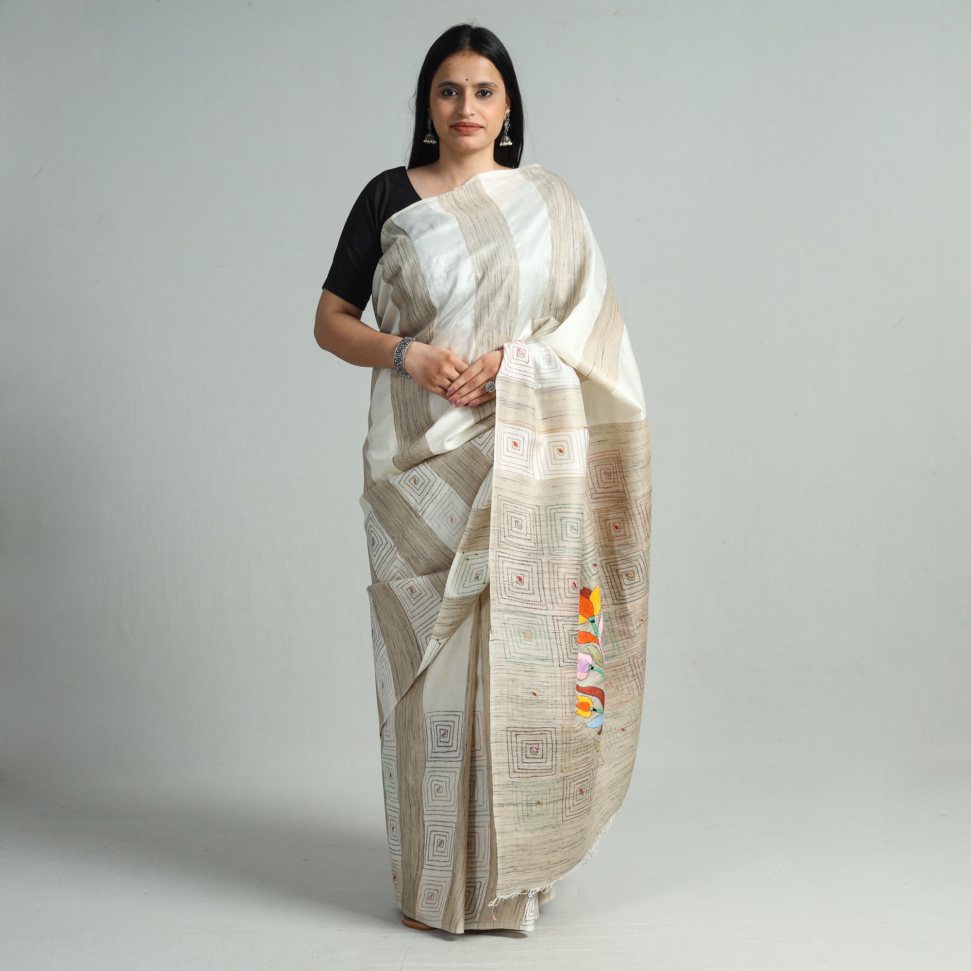 KHUSHBASH - HAPPY LOOM OF EAST Beige - Bengal Kantha Hand Embroidery Pure Ghicha Silk Handloom Saree 136
