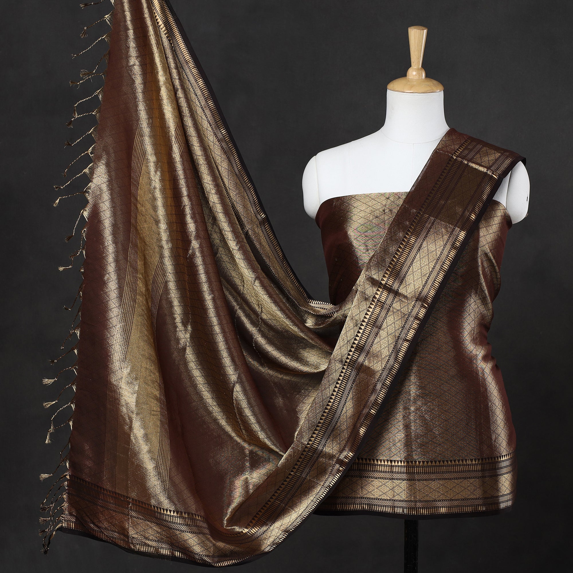 ITOKRI CRAFTS INITIATIVE Brown - 2pc Tissue Zari Handloom Cotton Maheshwari Dress Material