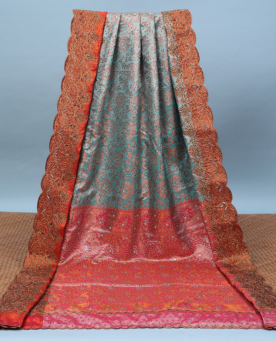 TheShoppothys Green floral jacquard & stone embroidery silksaree,contrast zari & stonework scallop border & intricate pallu
