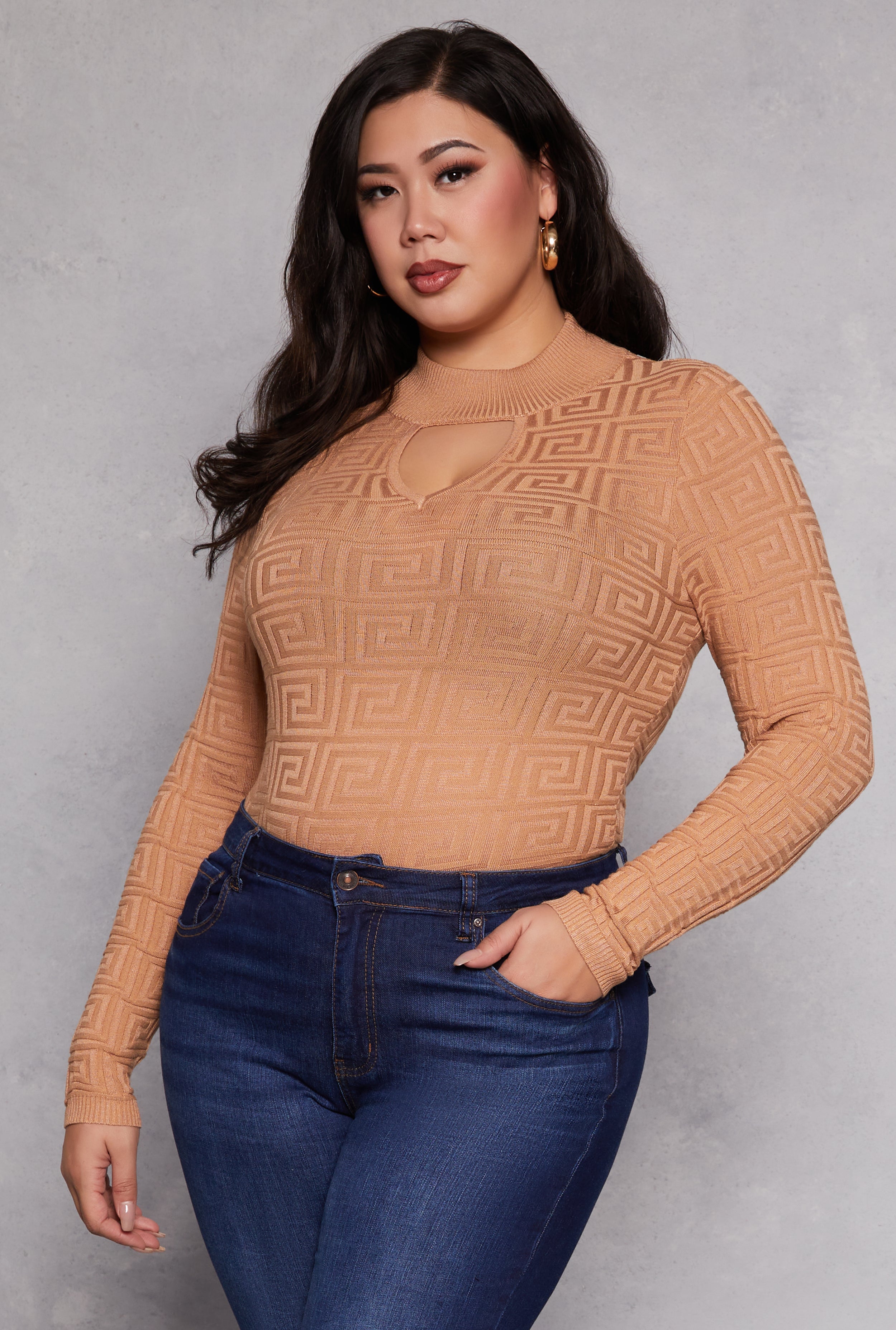 Rainbow Shops Plus Size Greek Key Mock Neck Keyhole Sweater