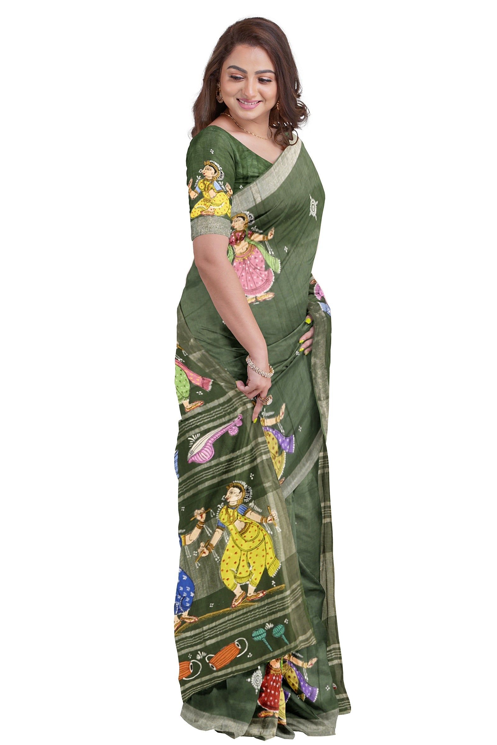 IndianVillèz Green Nartaki Theme Hand-Painted Pattachitra Saree(PRE ORDER) - view 2