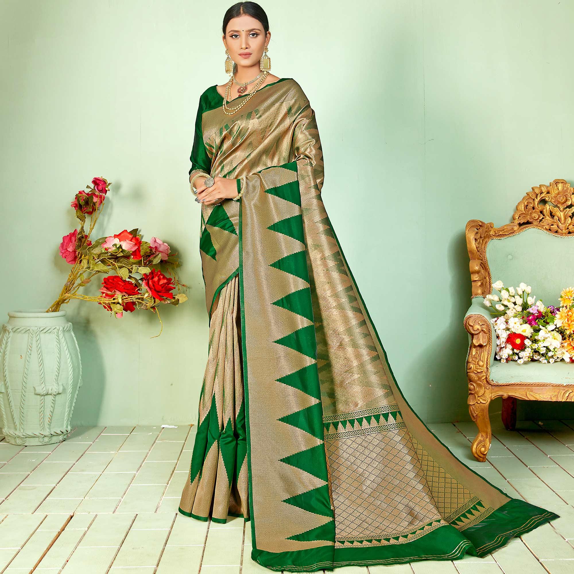 Peachmode Ethnic Green Colored Festive Wear Woven Silk Saree