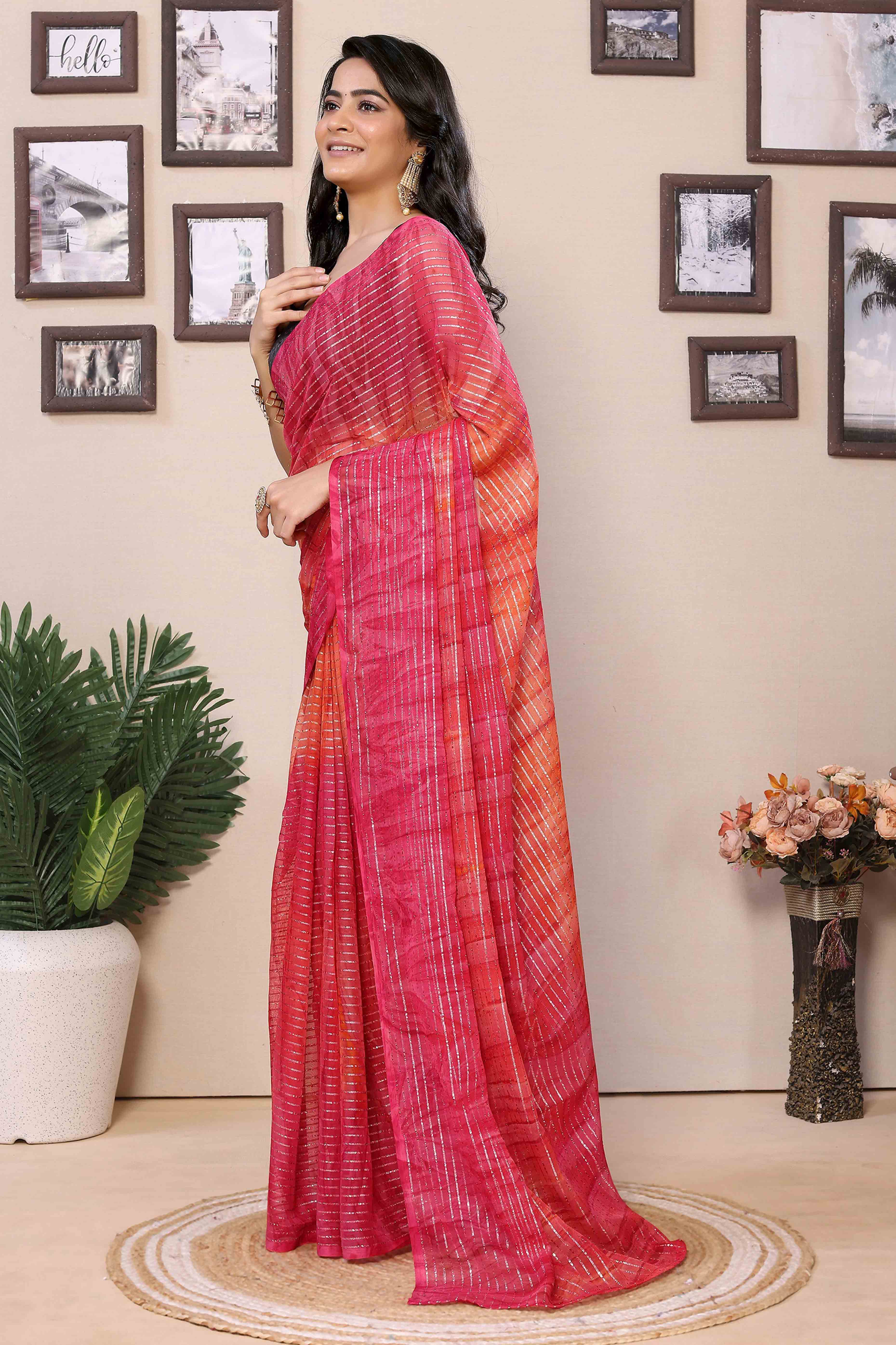 Peachmode Seller Magenta & Orange Striped Zari With Digital Printed Georgette Ready To Wear Saree - view 4