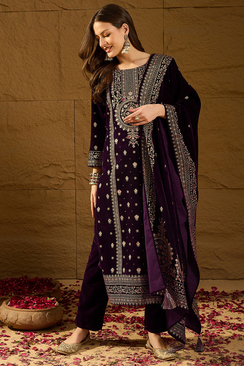 Ahika Purple Velvet Ethnic Motifs Printed Straight Trousers Suit Set PKSKD2883 - view 3