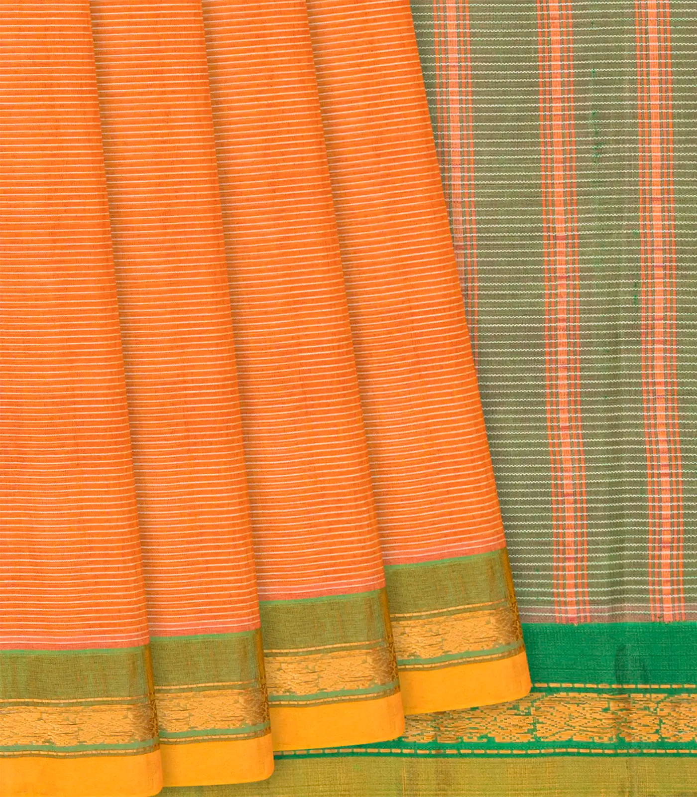 RmKV Orange Handloom Gadwal Cotton Saree With Stripes-Orange