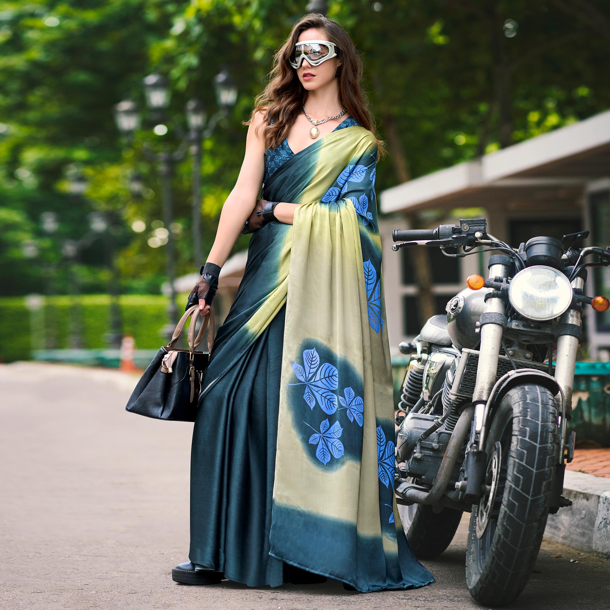 Peachmode Morpich Floral Printed Satin Saree – Women's
