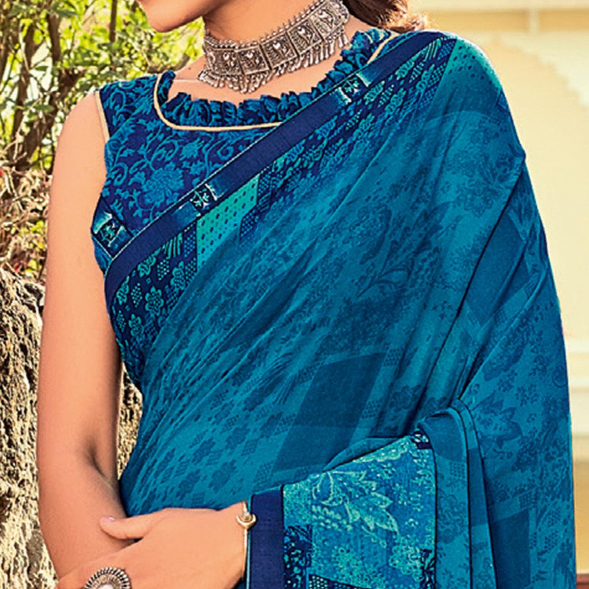 Peachmode Light Blue Casual Wear Printed Georgette Saree - view 2