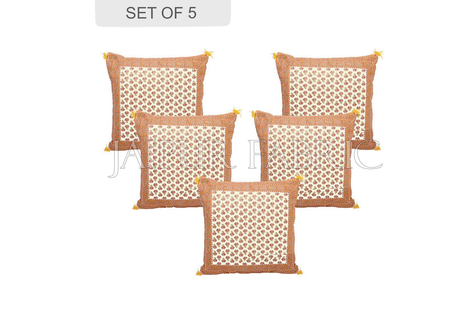 JaipurFabric® Orange Flower Print with Tropical Border Cotton Cushion Cover