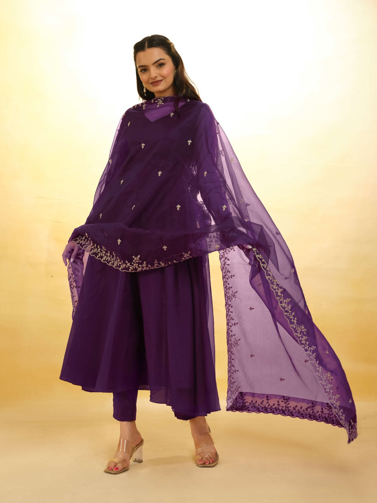 ClothsVilla Purple Organza Dress with Intricate Embroidery – Ready to Wear - view 7