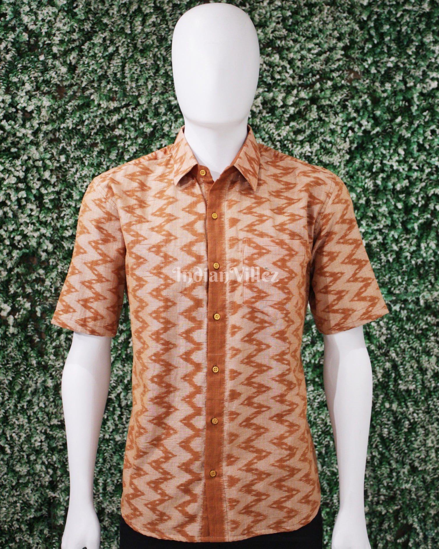 IndianVillèz Sand Color Odisha Ikat Cotton Half Sleeve Shirt for Men