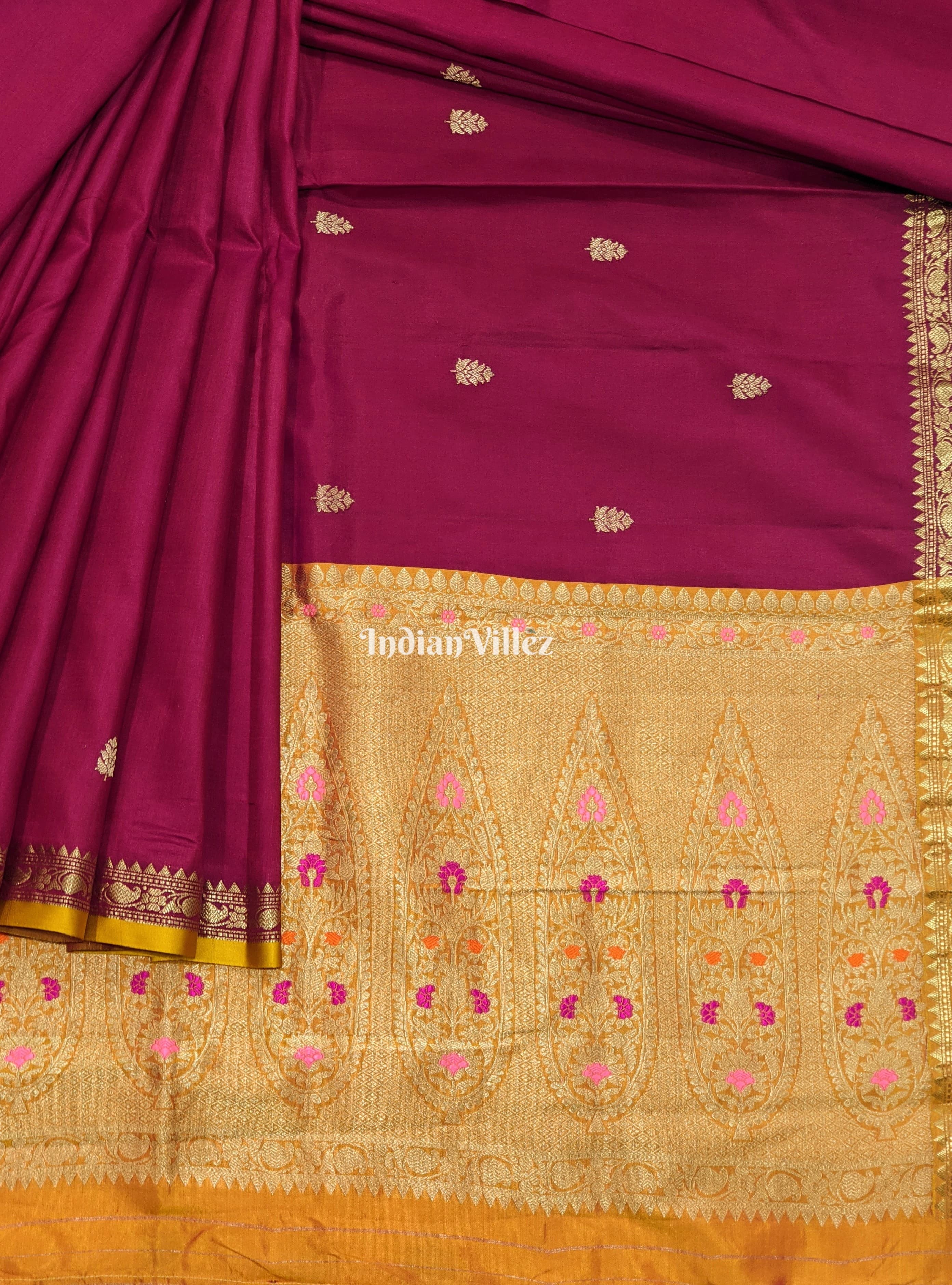 IndianVillèz Wine with Mustard Yellow Designer Banarasi Katan Silk Saree