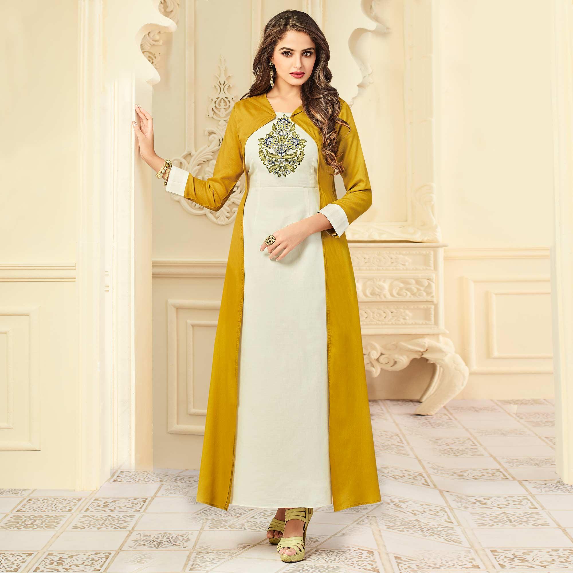 Peachmode Seller Intricate White-Mustard Yellow Colored Party Wear Floral Embroidered Rayon Kurti