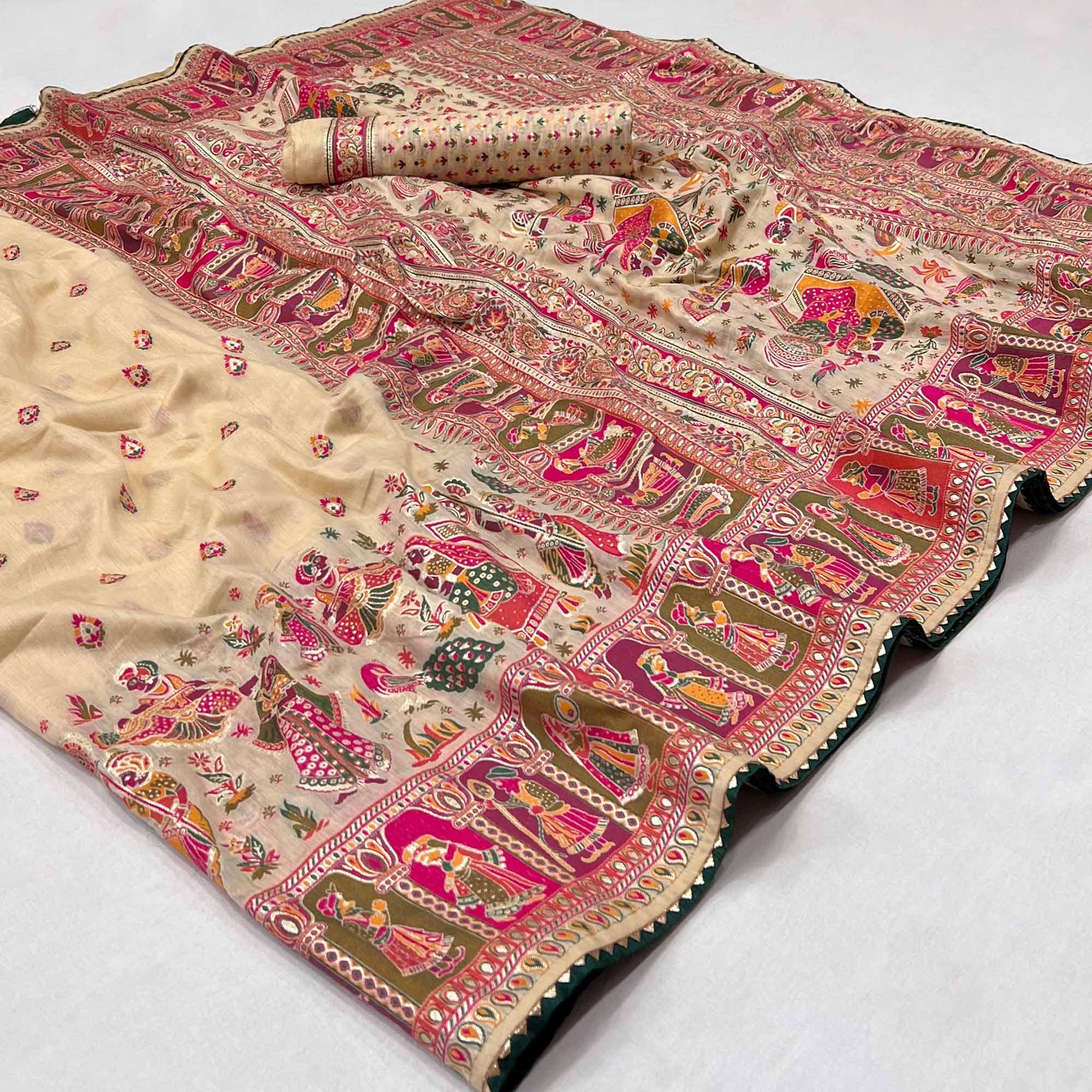 Peachmode Cream Kalamkari Woven Chanderi Saree