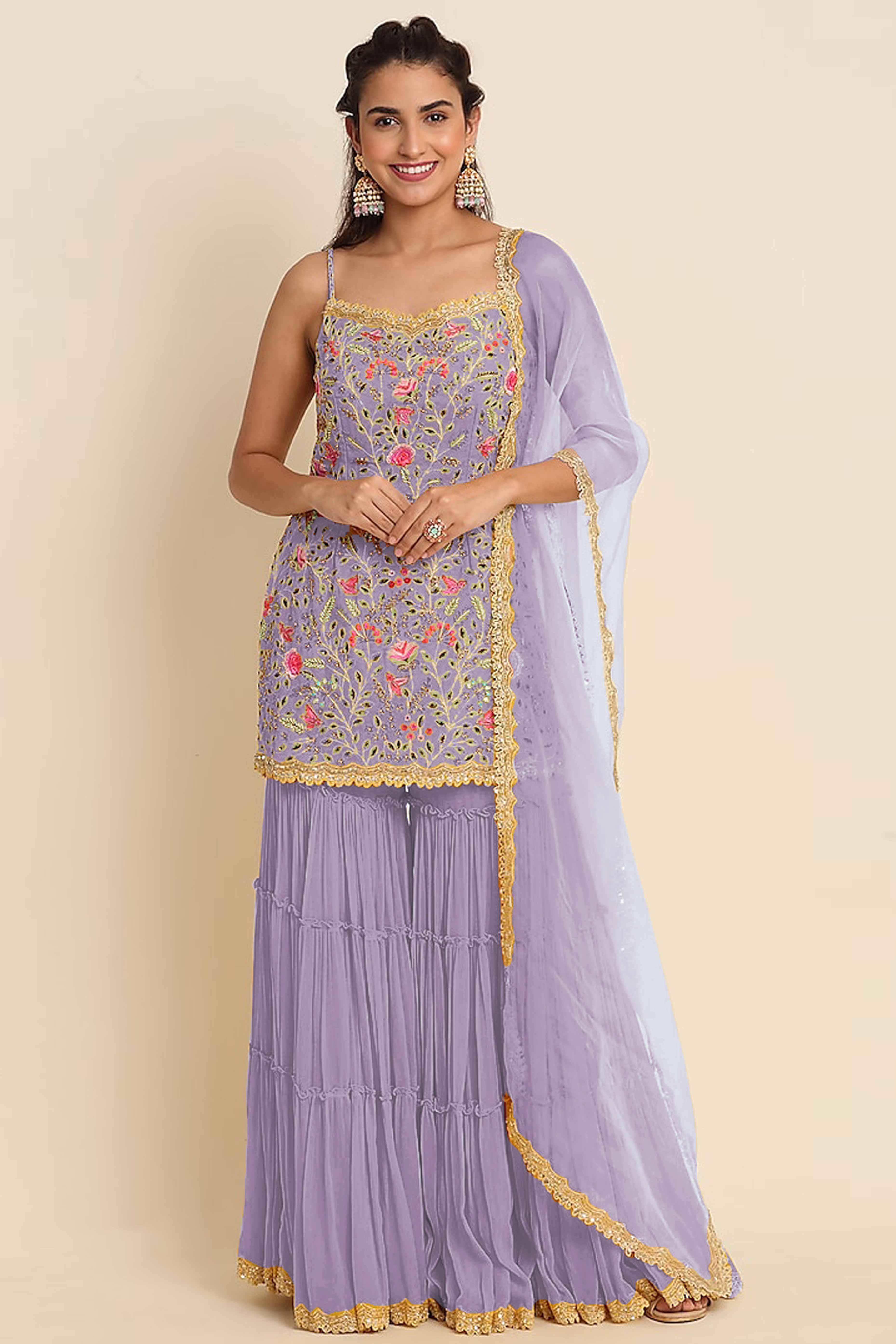 Peachmode Lavender Floral Sequins Embroidered Georgette Semi Stitched Suit