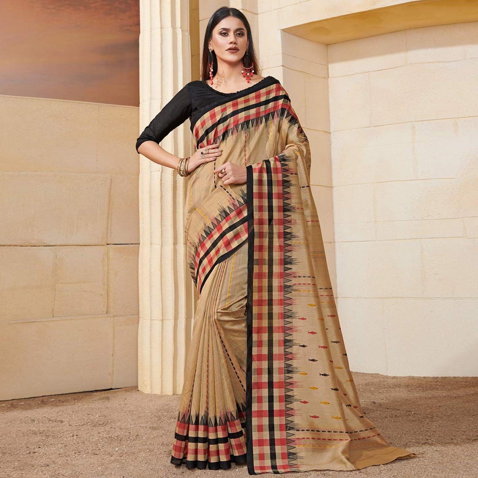 Peachmode Fantastic Beige Colored Casual Wear Printed Bhagalpuri Silk Saree