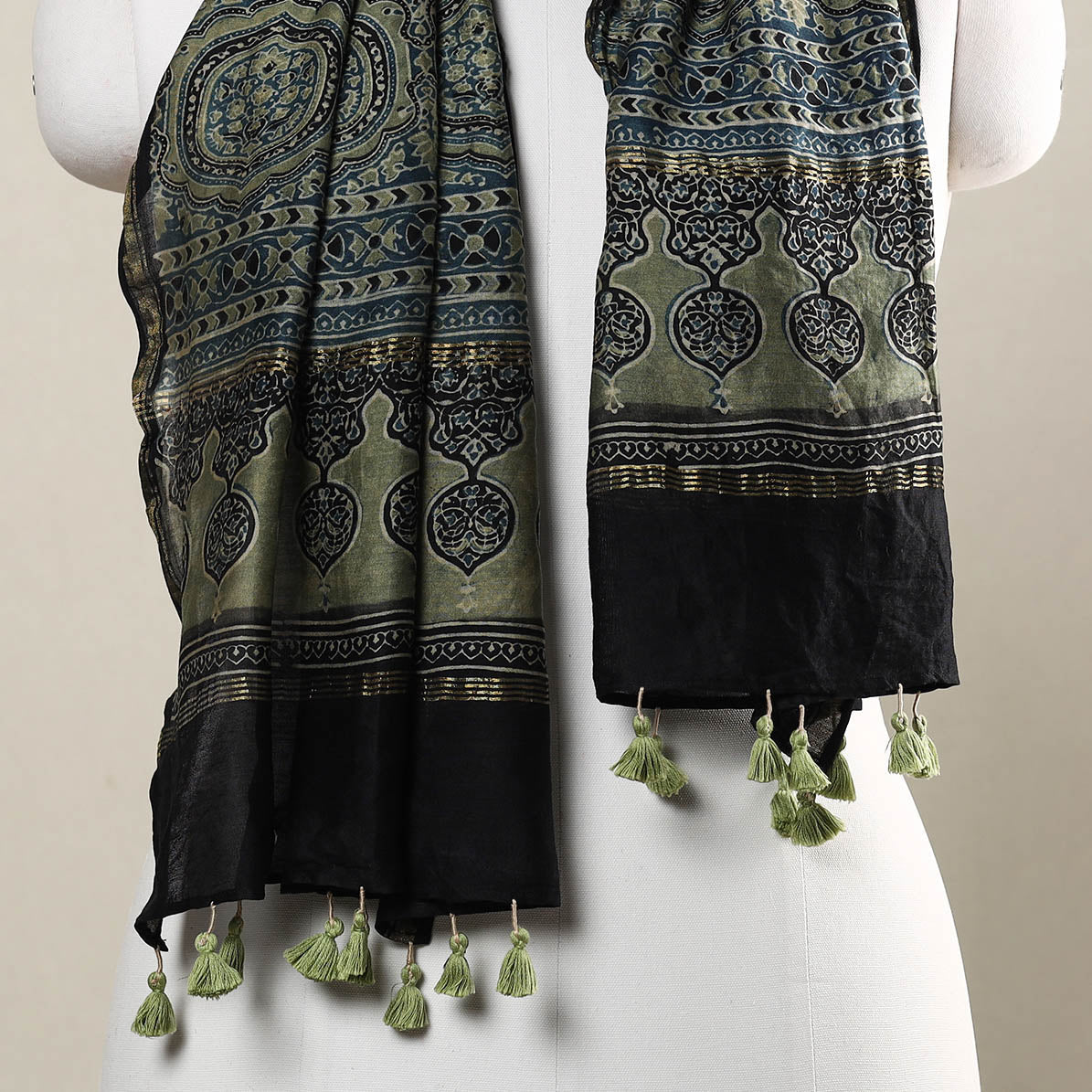 AJRAKH BY SUFIYAN ISMAIL KHATRI Blue - Ajrakh Hand Block Printed Chanderi Silk Handloom Stole with Tassels - view 3
