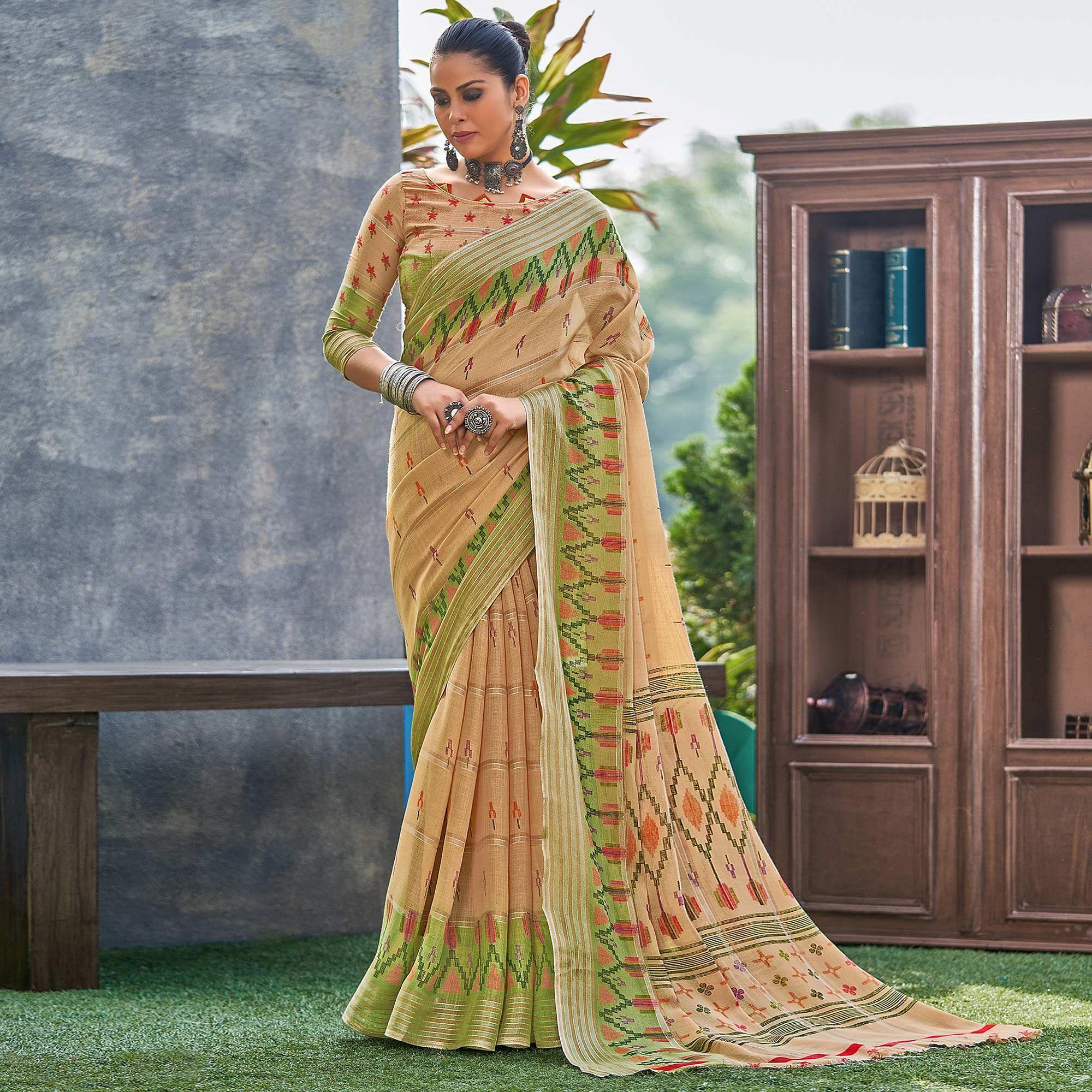 Peachmode Brown Ikkat Printed Linen Saree – Women's - view 2