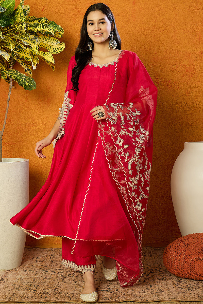 Ahika Fuchsia Pink Silk Blend Solid Embroidered Flared Suit Set PKSKD2365
