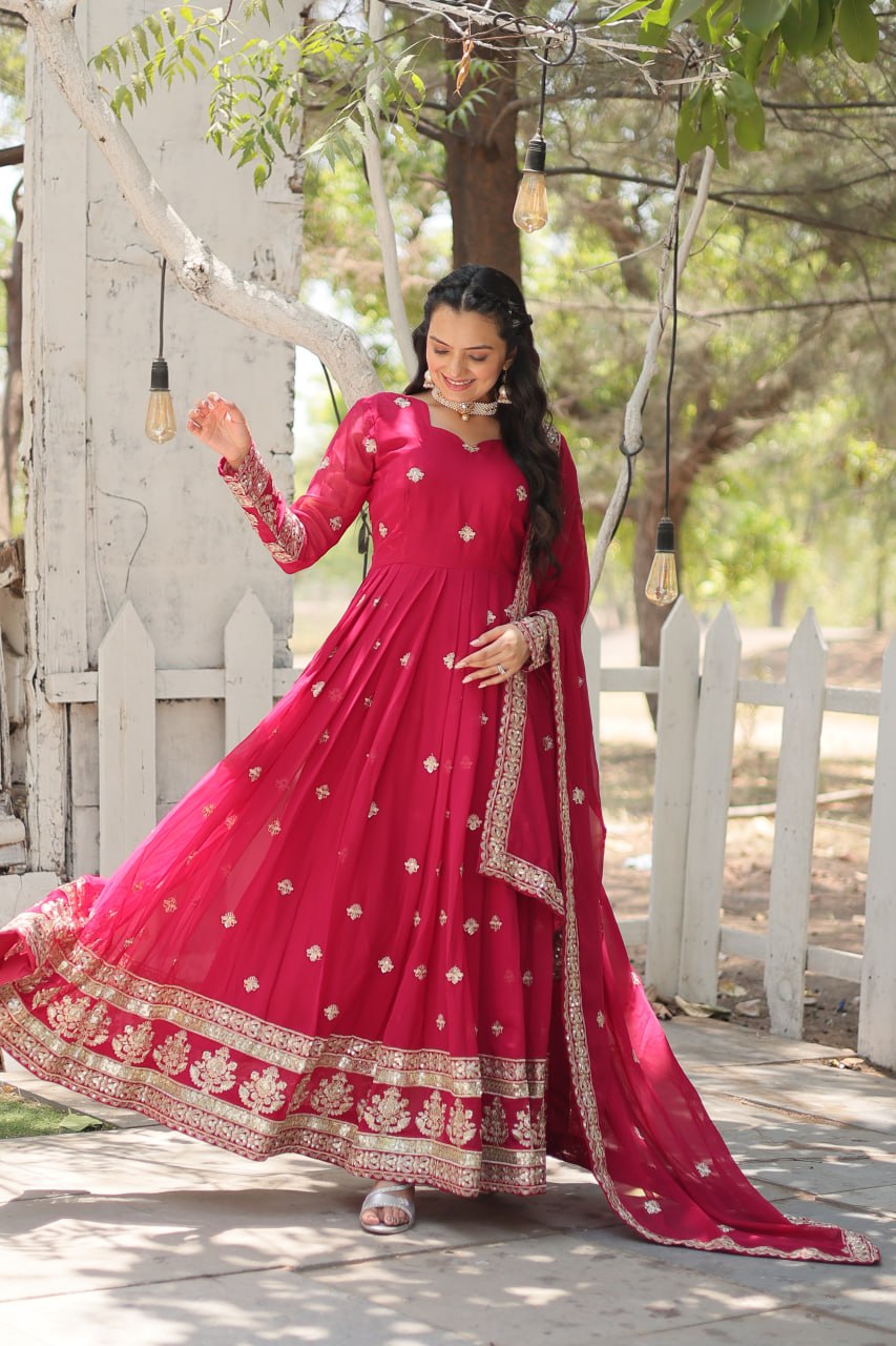 ClothsVilla Pink Faux Blooming Gown with Sequins Embroidery and Dupatta - view 2