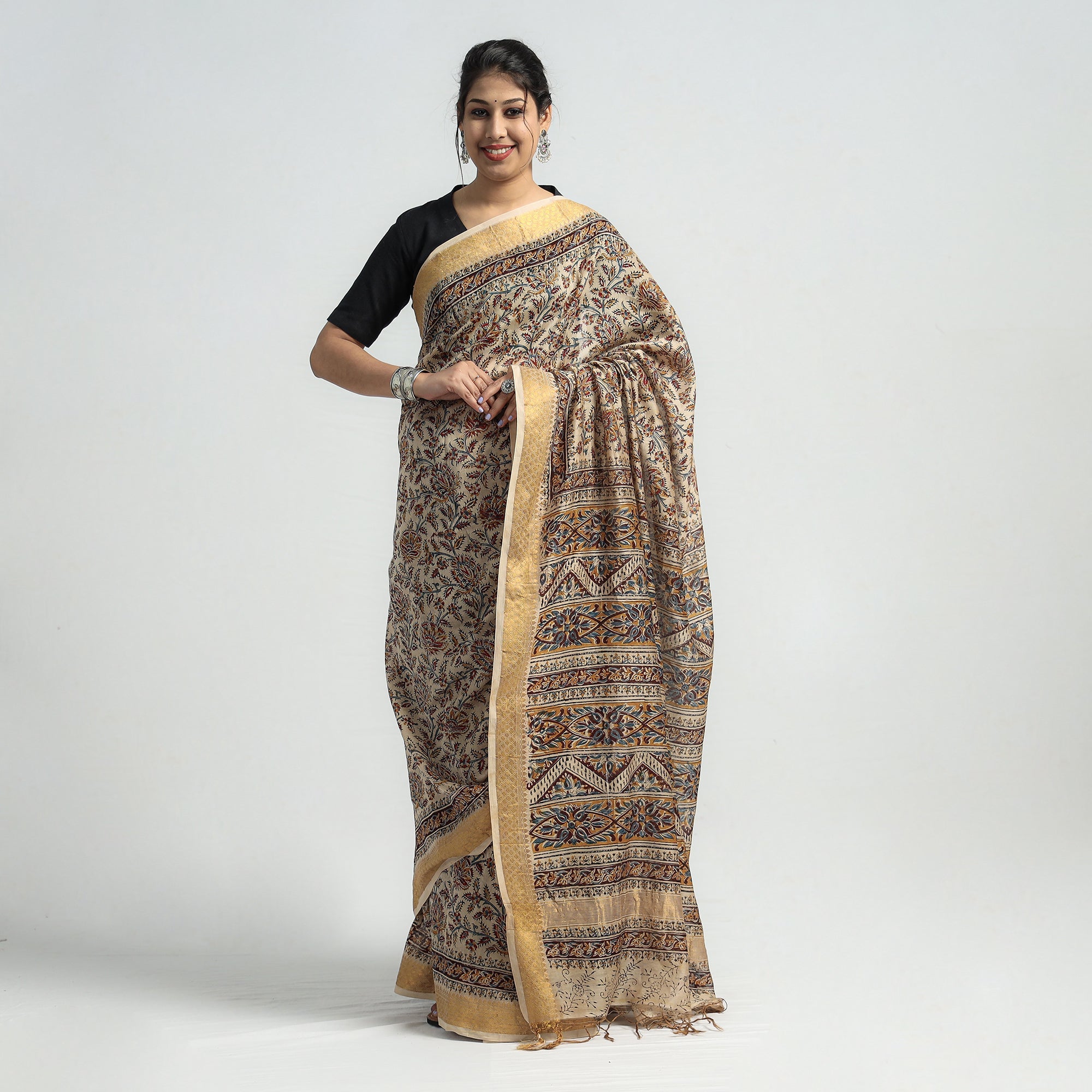 VENKATA BHANU KALAMKARI PEDANA Brown - Original Pedana Kalamkari Block Print Silk Saree