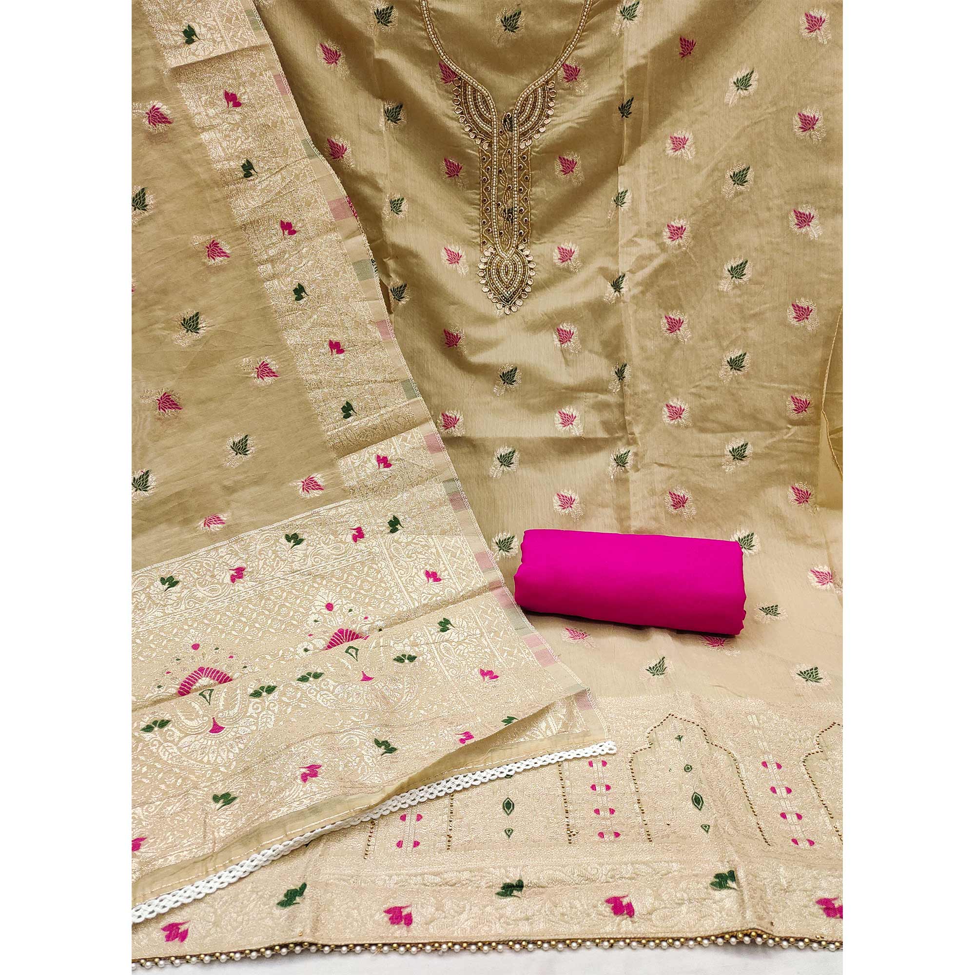 Peachmode Chikoo Woven With Handwork Muslin Dress Material - view 4