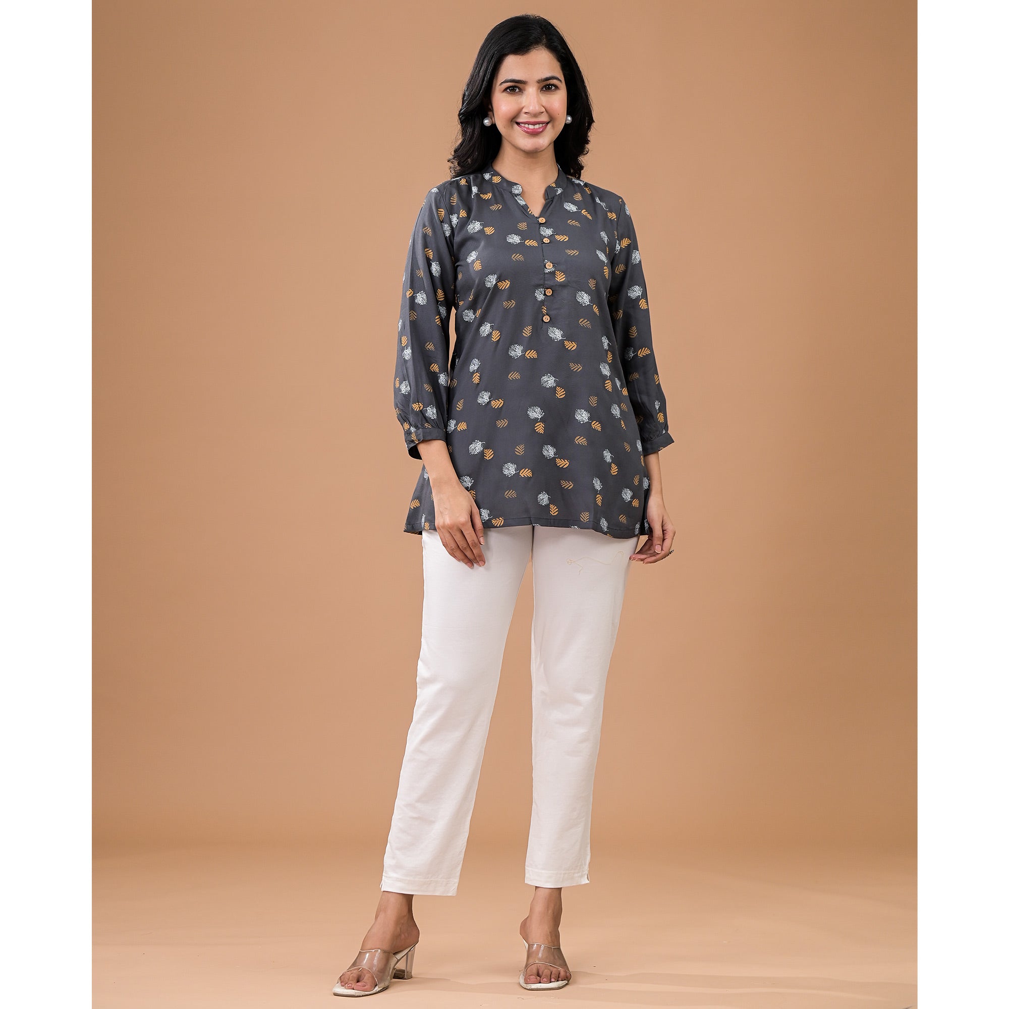 Peachmode Grey Printed Rayon Top - view 3