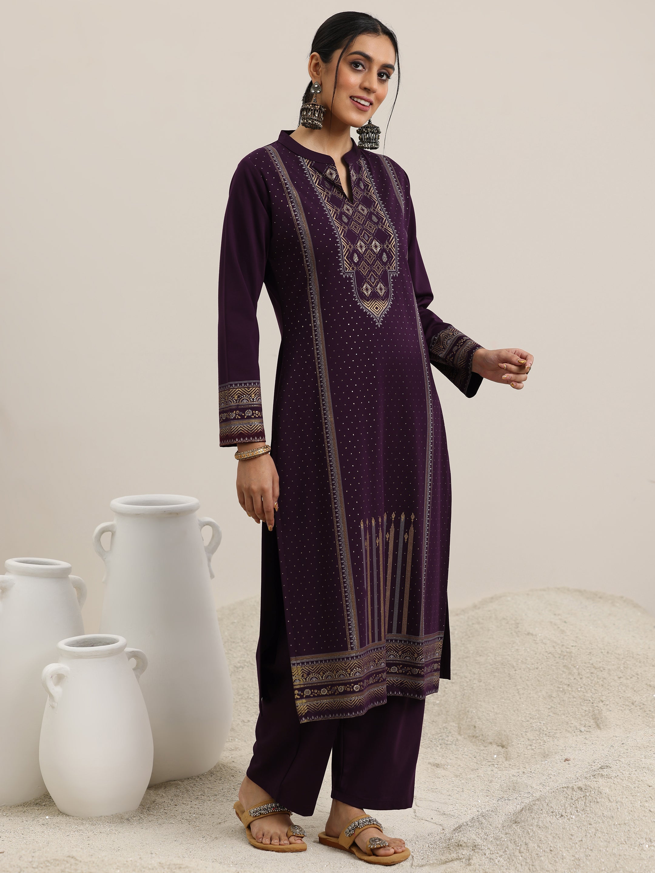 Libas Burgundy Woven Design Wool Blend Straight Suit With Dupatta - view 2