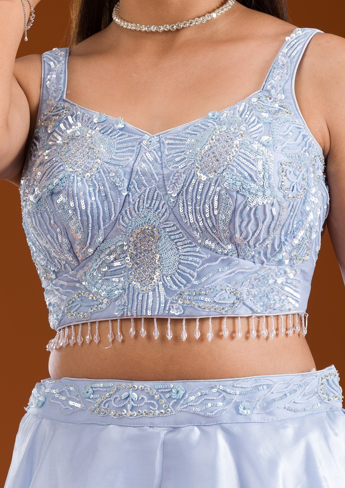 Koskii Sky Blue Cutdana Satin Readymade Lehenga - view 7