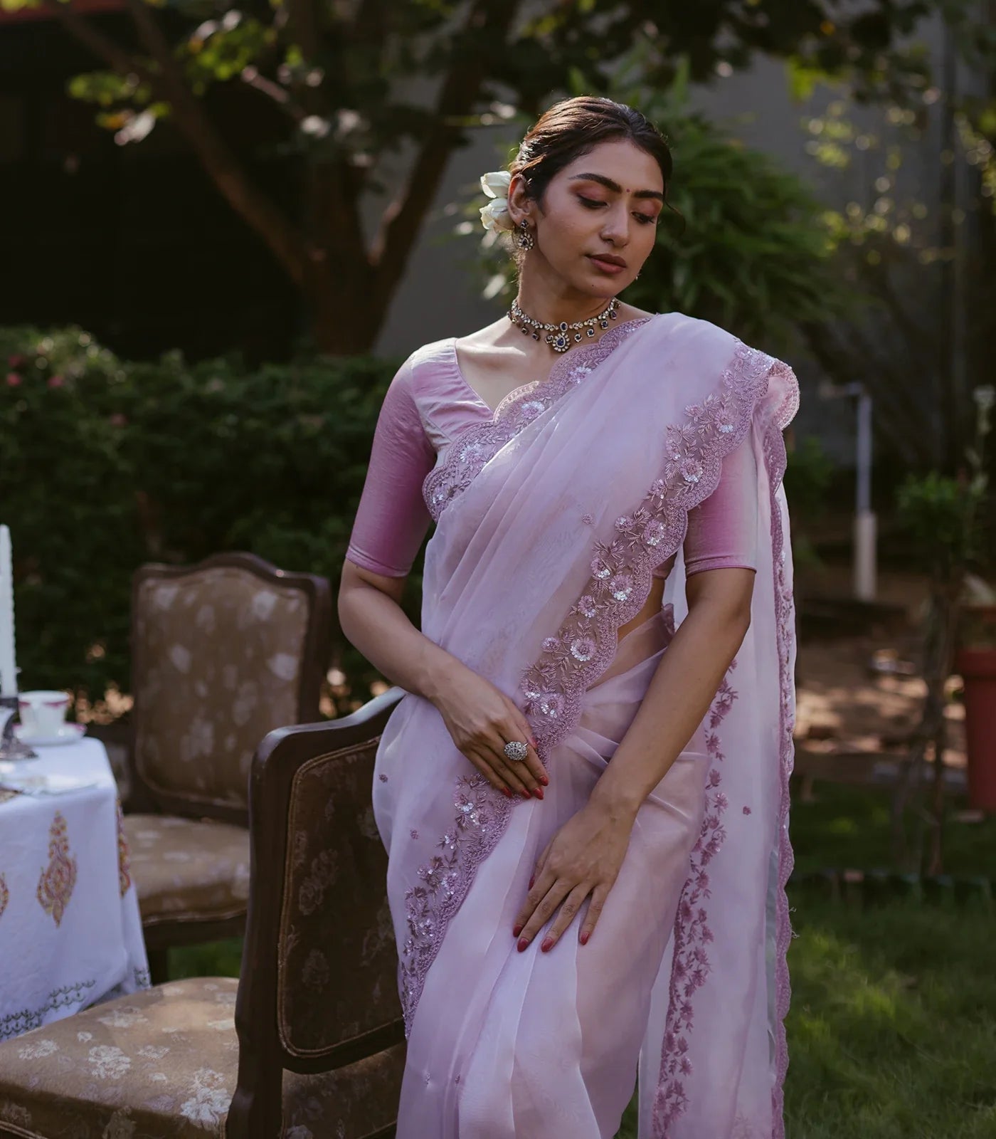 RmKV Lavender Woven Banarasi Glass Tissue Saree Embroidered With Floral Motifs - view 3