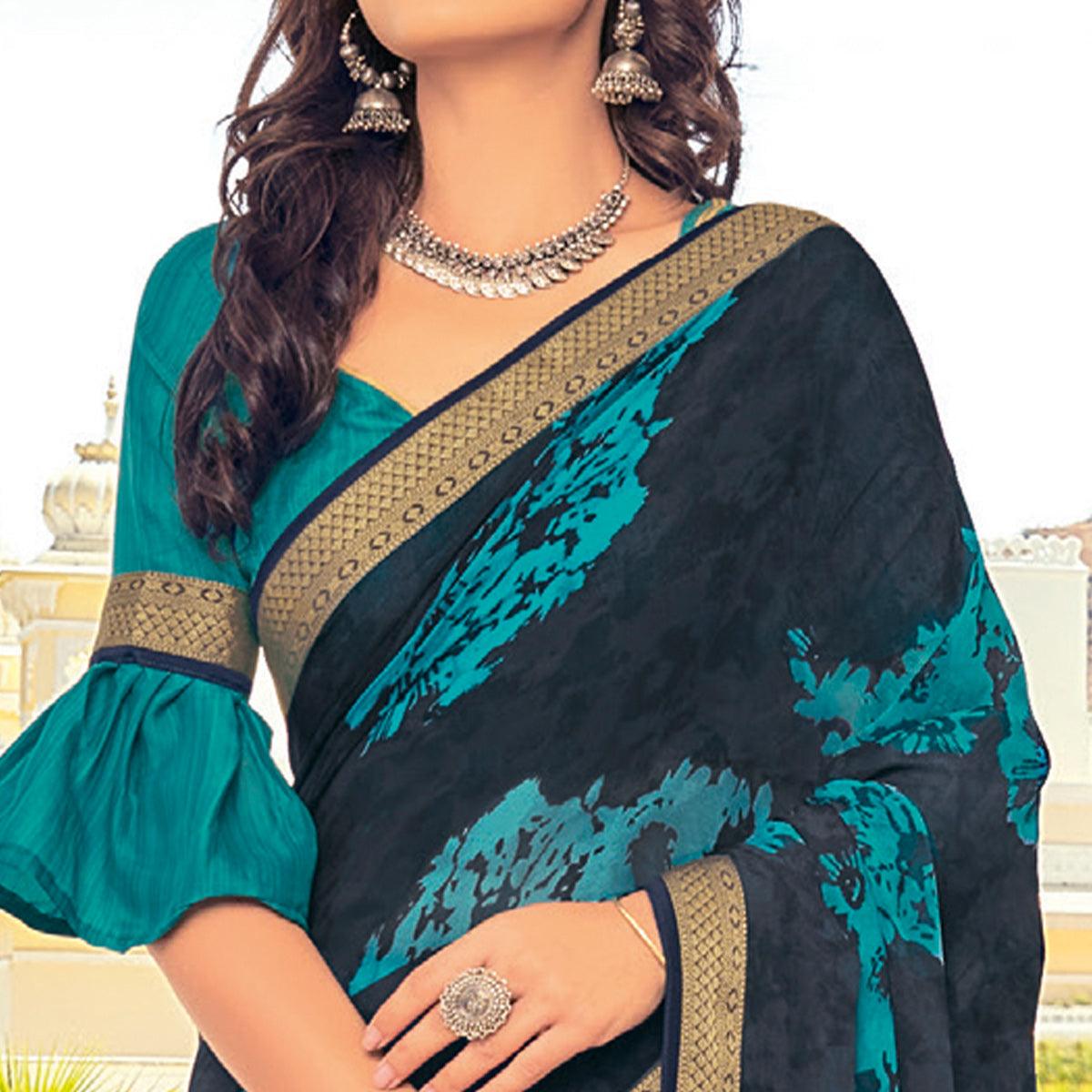 Peachmode Dark Blue Casual Wear Printed Georgette Saree With Border - view 2