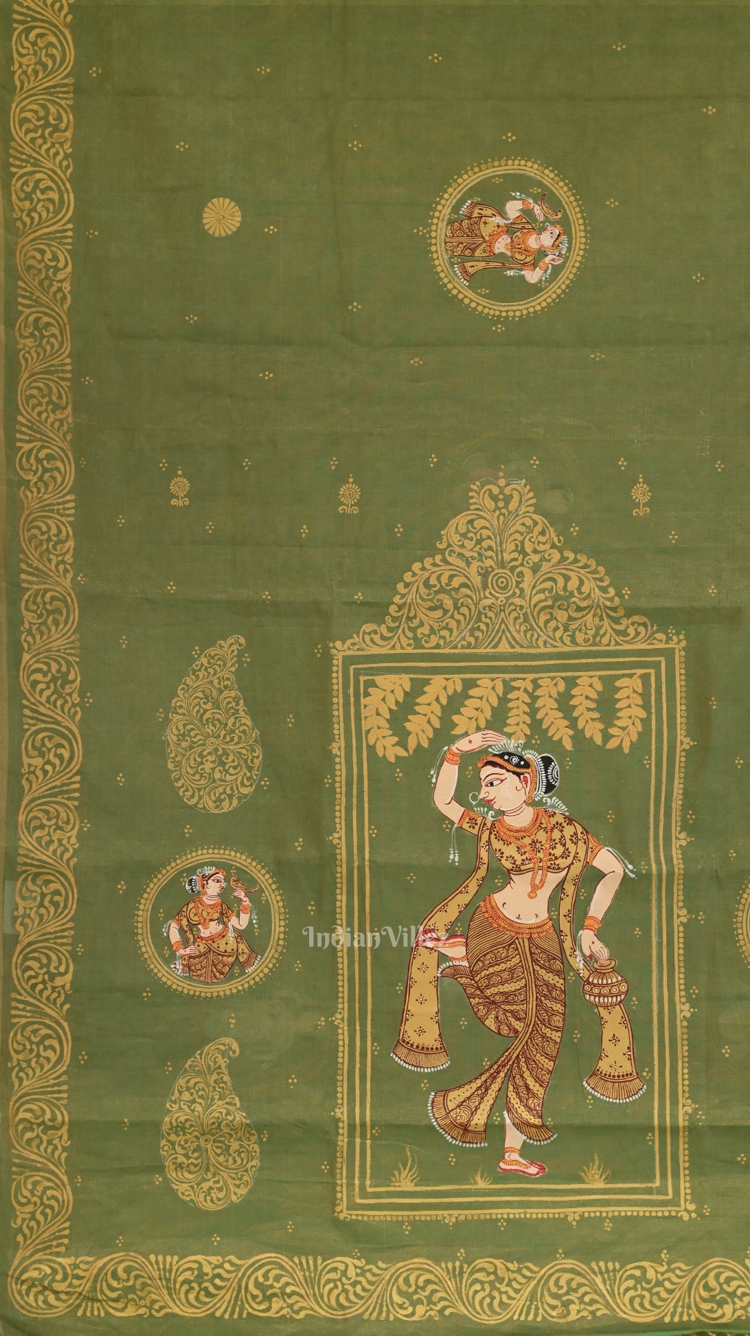 IndianVillèz Green Nartaki Theme Hand- Painted Pattachitra Saree - view 3