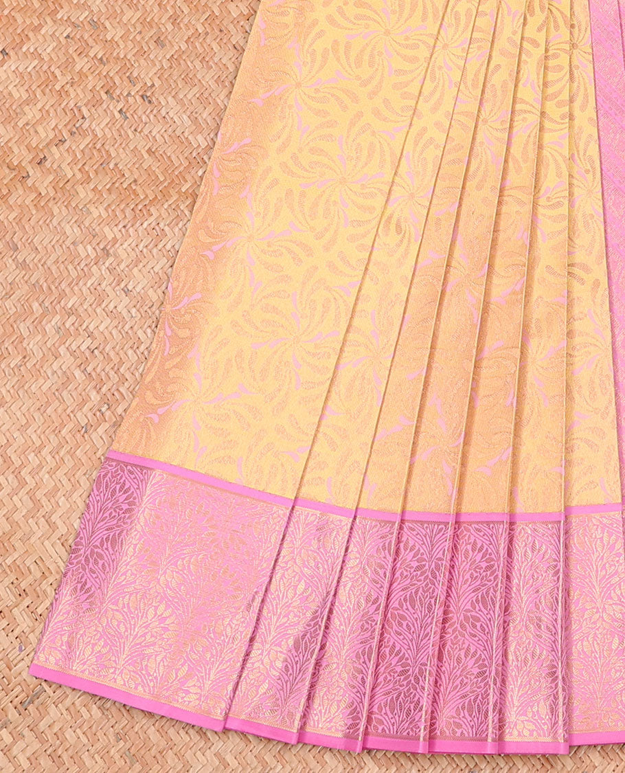Pothys Yellow jacquard wedding silksaree, contrast diagonal striped pallu & zari border of floral jaal designs