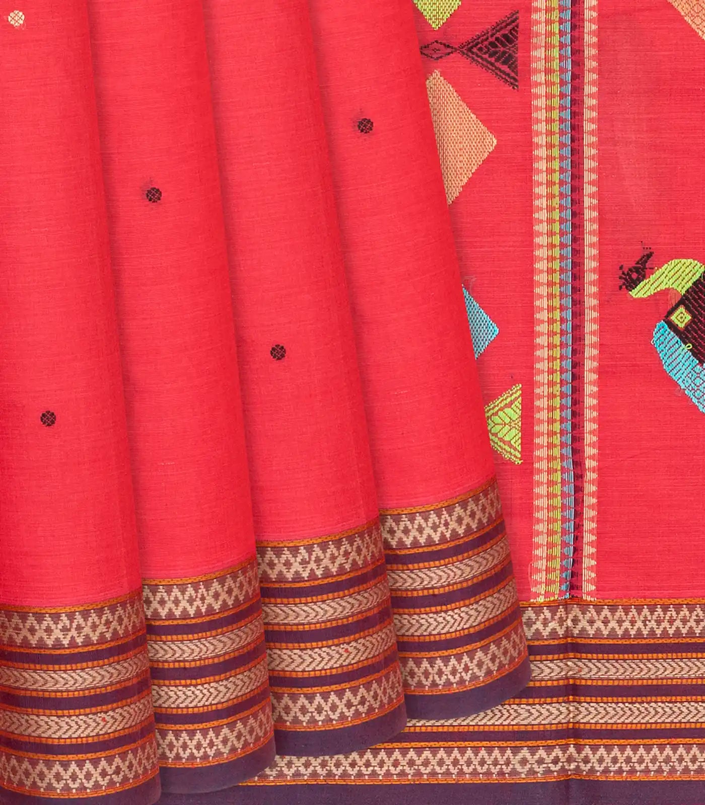RmKV Peach Handloom Village Cotton Saree With Animal Motifs-Peach