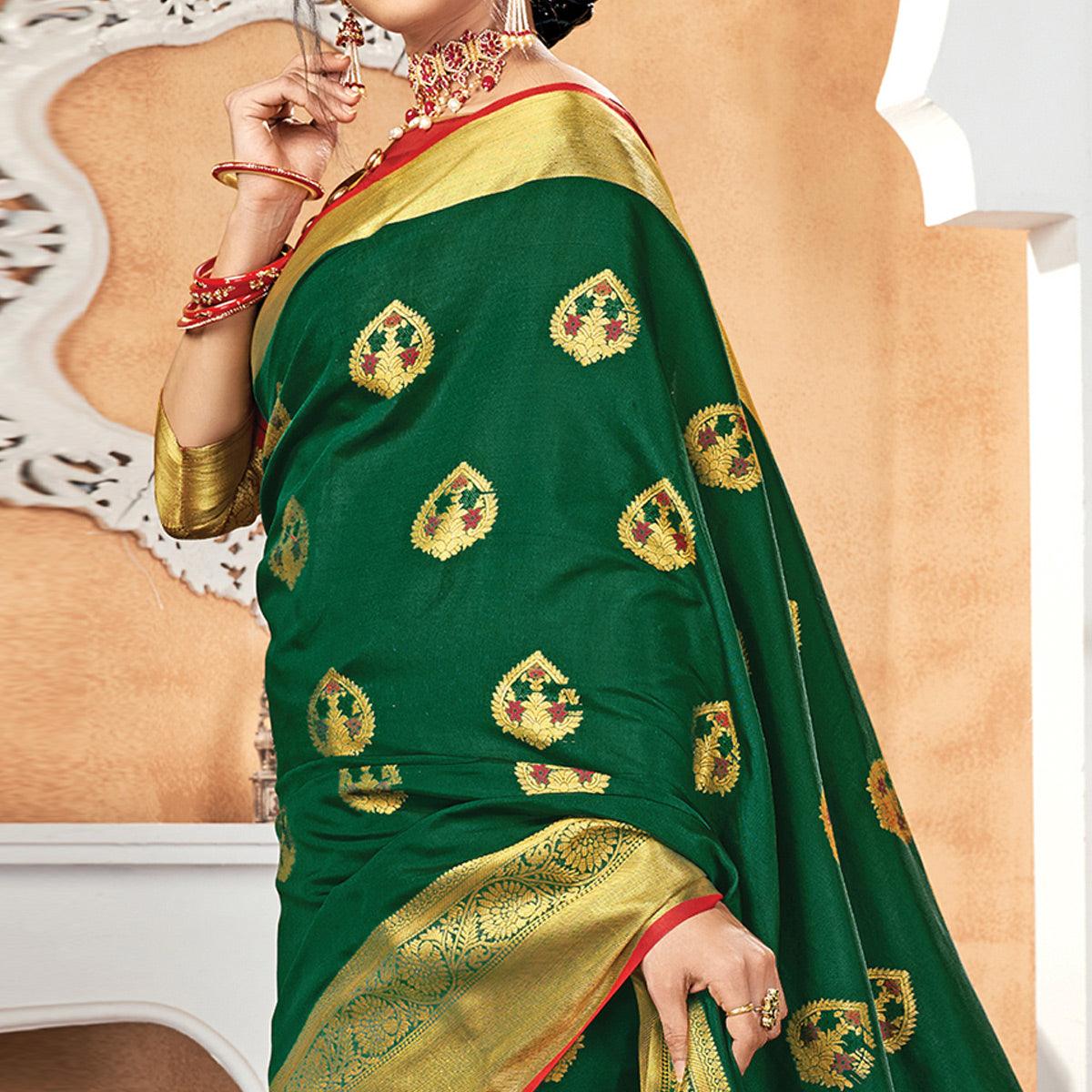Peachmode Charming Dark Green Colored Festive Wear Woven Silk Saree - view 2