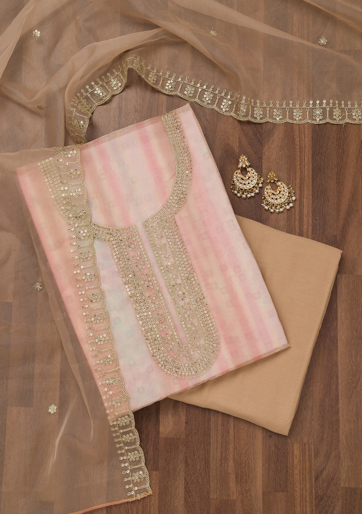 Koskii Peach Zariwork Semi Crepe Unstitched Salwar Suit