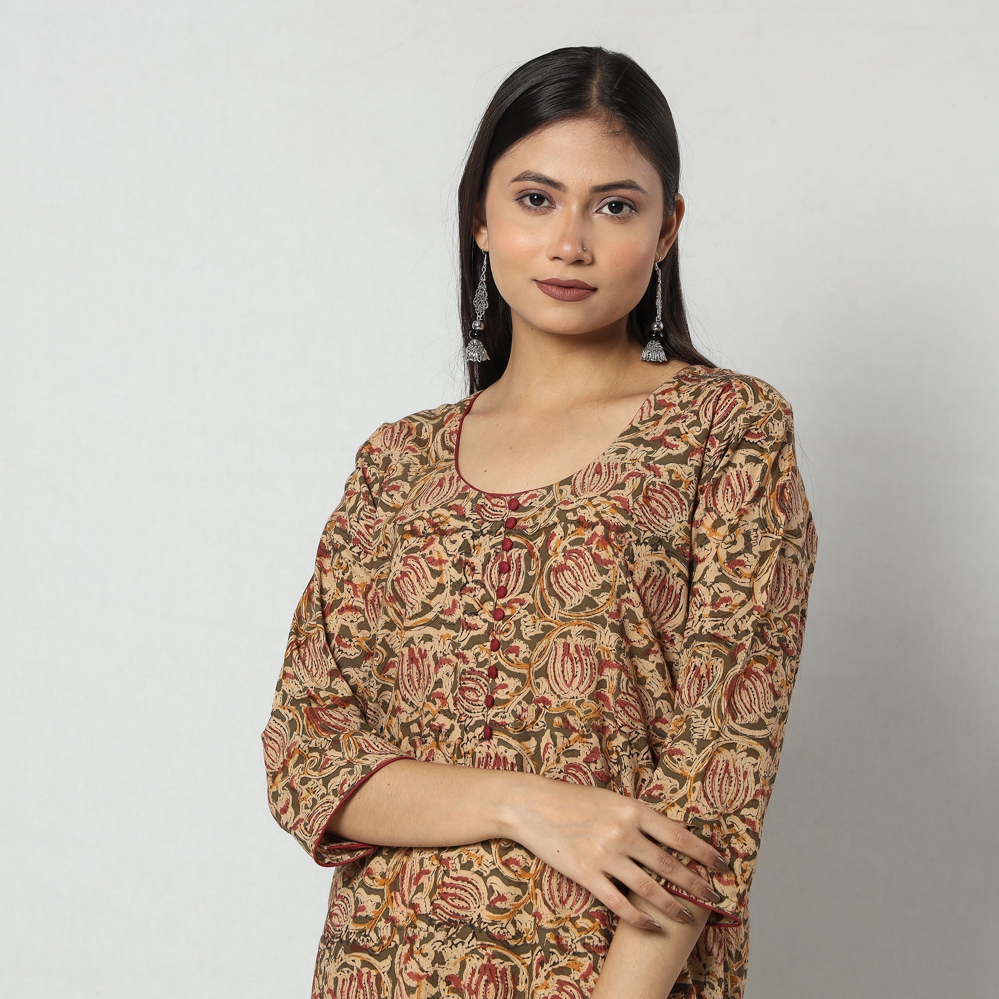 ITOKRI CASUALS Brown - Kalamkari Block Printing Cotton Long Straight Kurta
