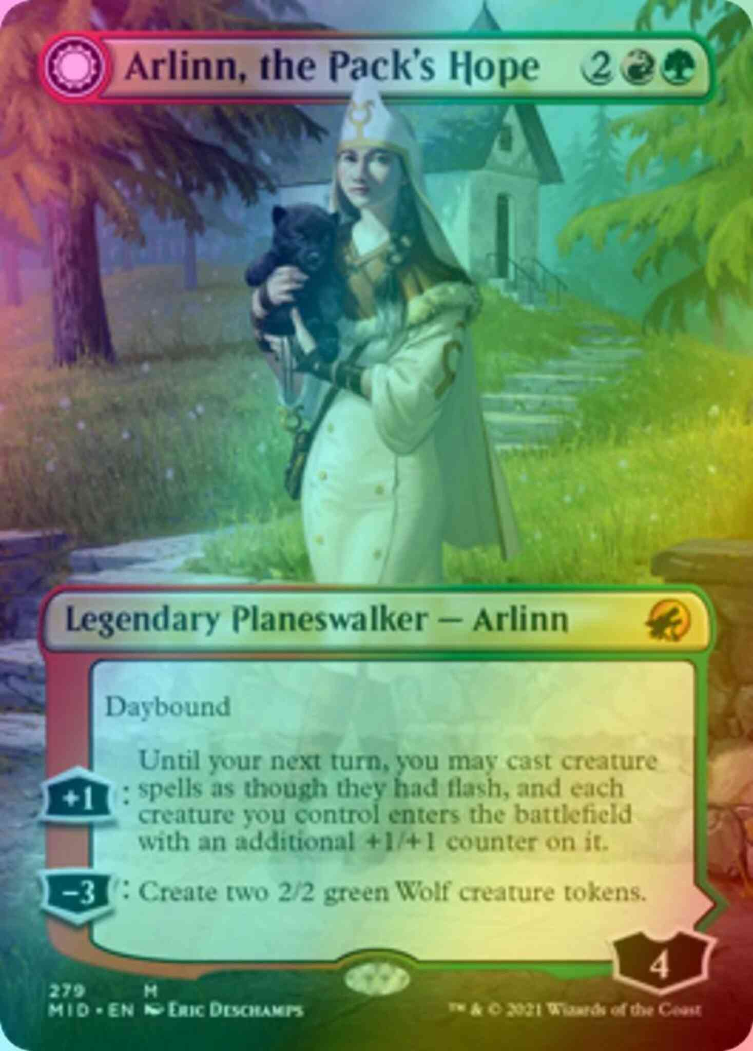 Fury 279 borderless – Magic Arlinn, the Pack's Hope // Arlinn, the Moon's Fury [279] [Borderless] [Innistrad: Midnight Hunt] [Foil]