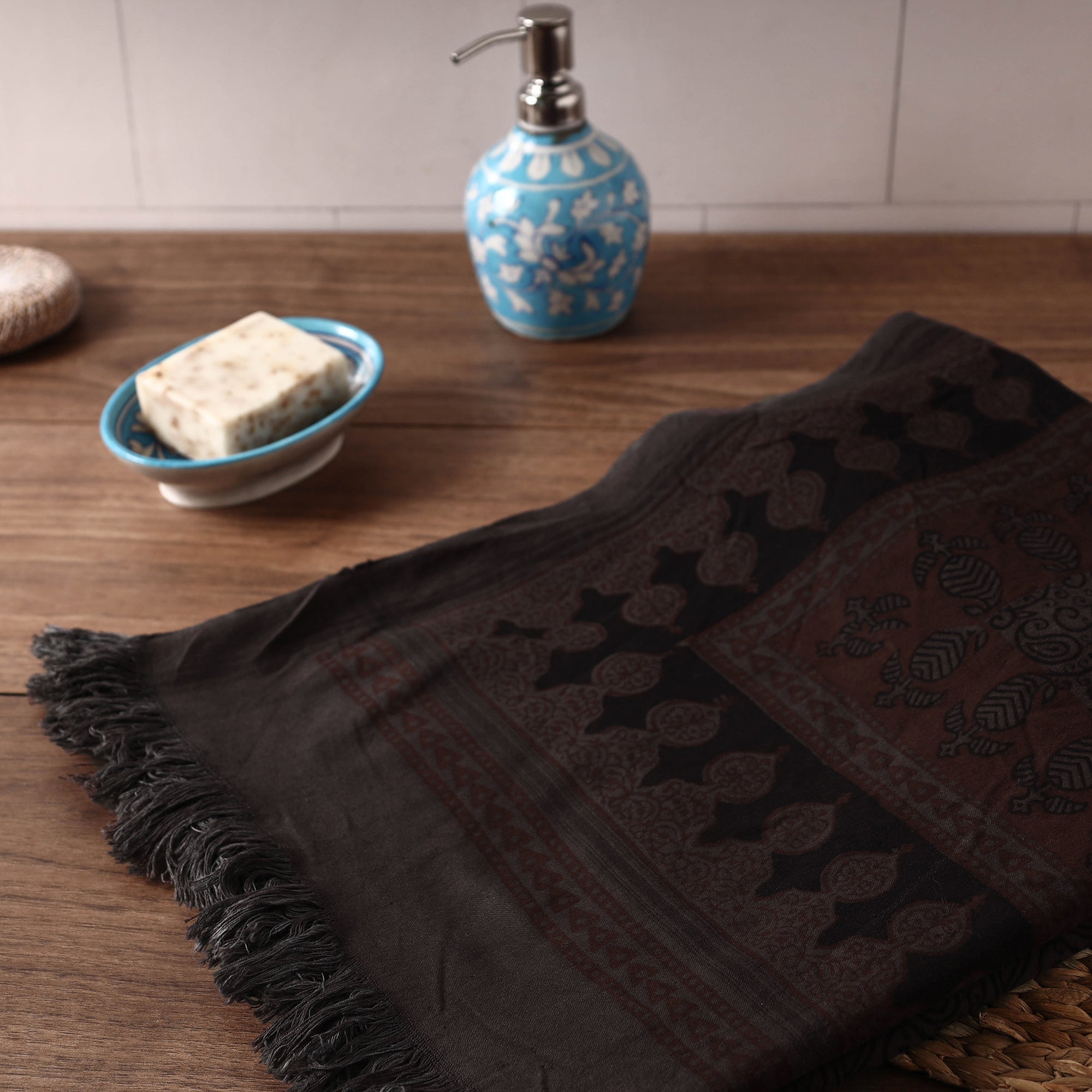 BAGH PRINTS BY UMAR FARUK KHATRI Black - Bagh Hand Block Printed Handloom Cotton Towel