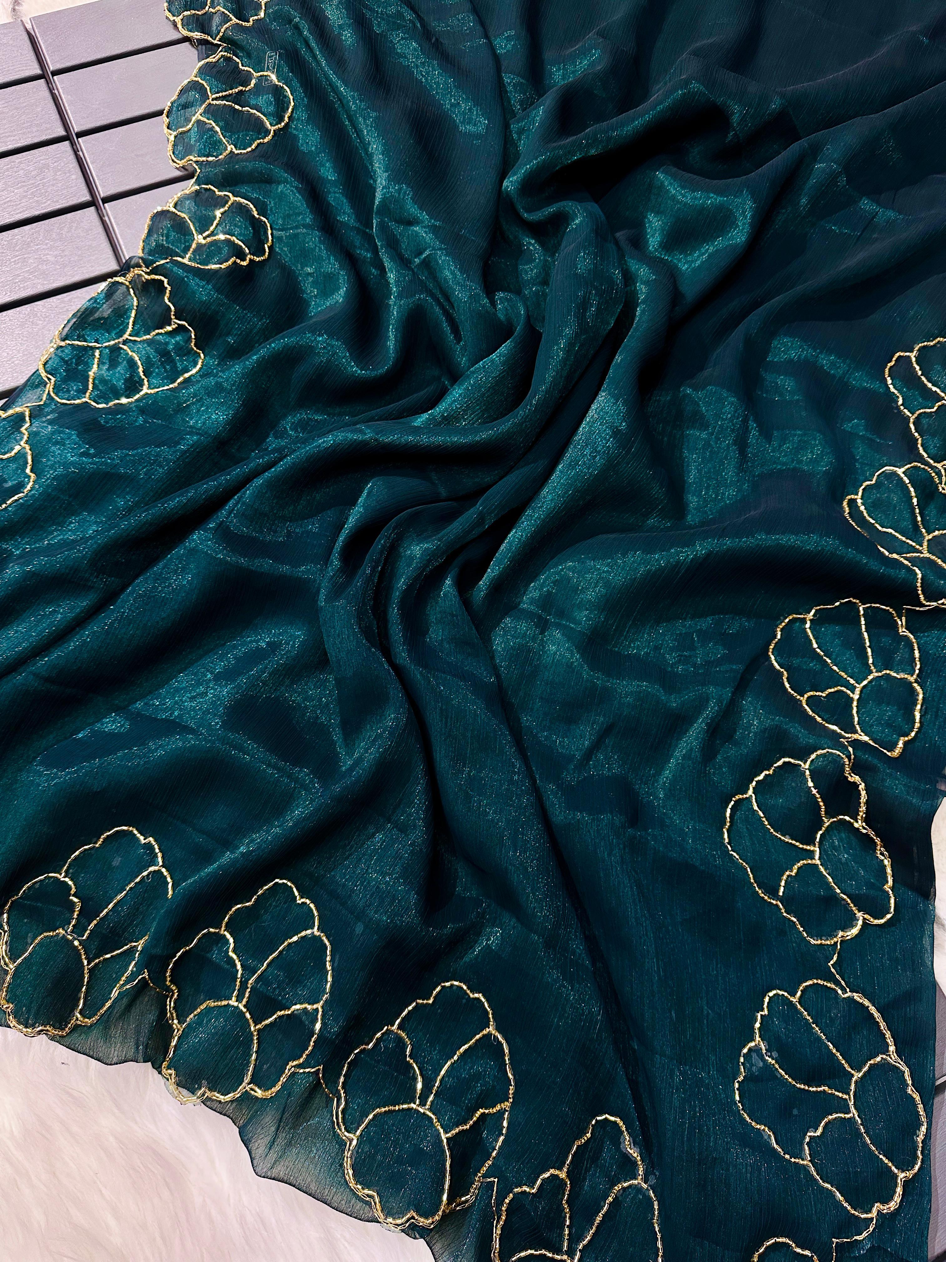 ClothsVilla Teal Blue Lotus Jari Silk Saree with Exquisite Golden Handwork & Running Blouse - view 2