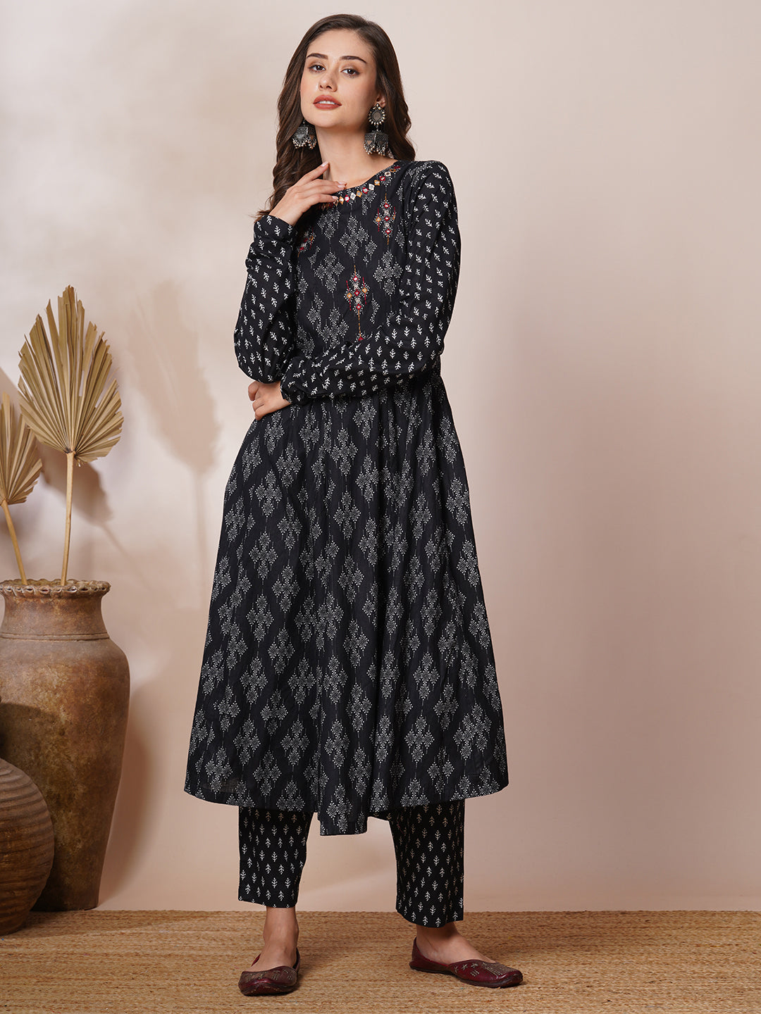 FASHOR Ethnic Printed & Mirror Embroidered Anarkali Flared Kurta with Pant - Black
